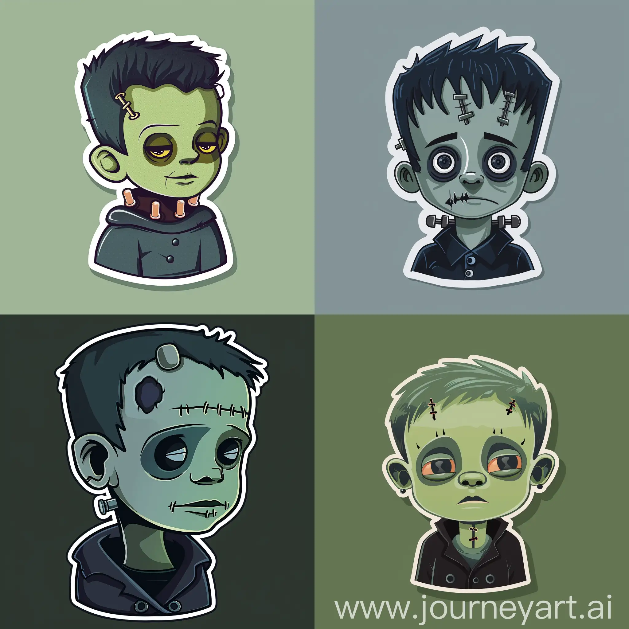 cartoon sticker design of tim burton style young frankenstein's monster as a child-bolts on neck, flat style