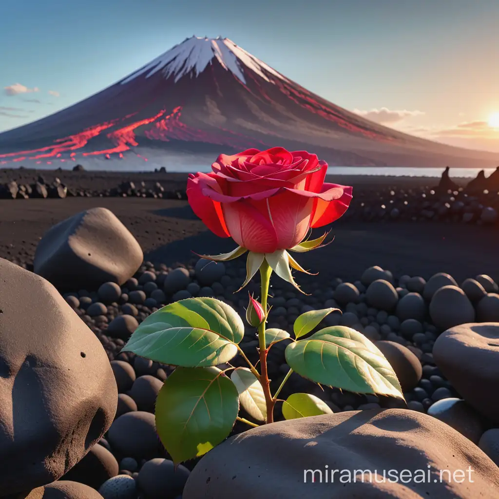 splendid red rose, among the rocks, against the afternoon light, in the background volcano lavas, 8k, hdr.