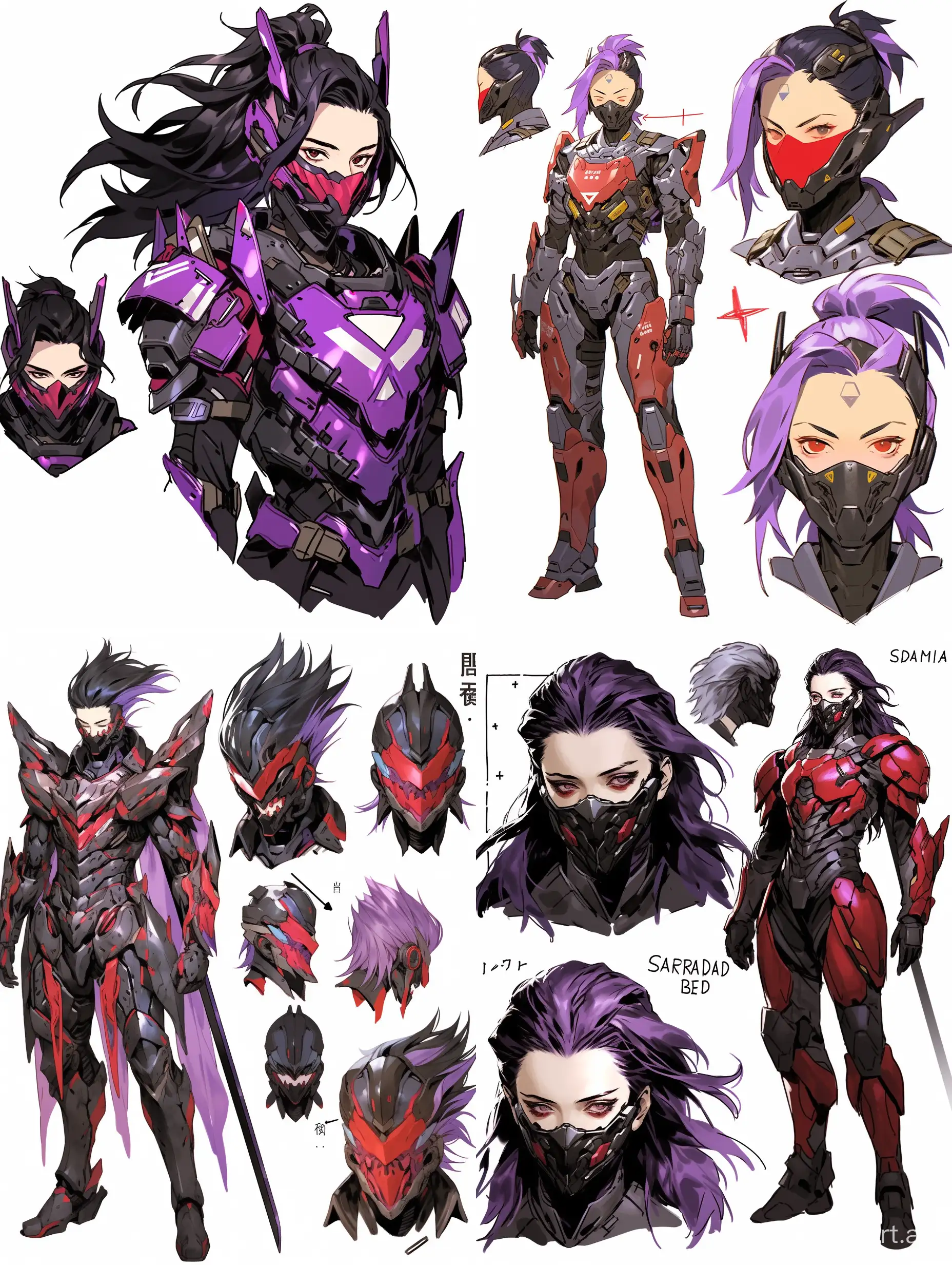 Character Reference, shradder armor, purple eyes silver tactical suit, red marked shoulder pads, red eyesless mask on the face --niji