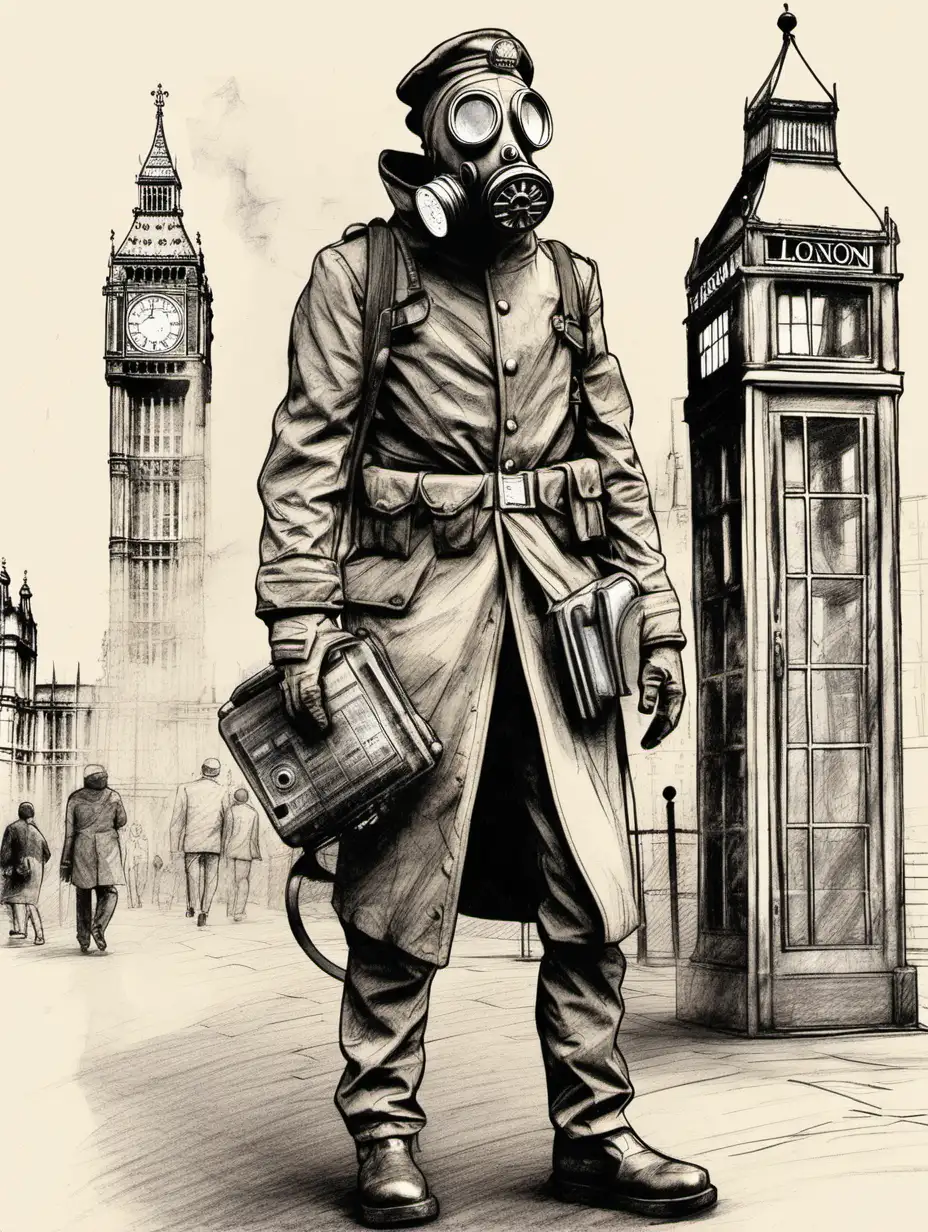 TimeTraveling Soldier in Gas Mask Exploring Victorian London Sketch