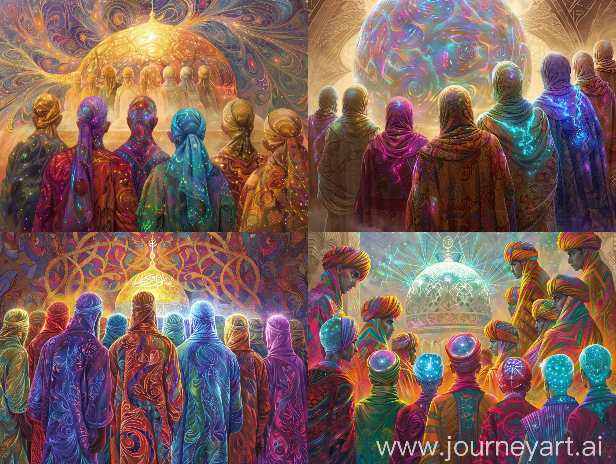 
hierarchy of holy youths in paradise, from behind, they are looking at dome of God and divinity. with vibrant and lush colored clothes and head scarf.
only 13 distinct men and 1 woman are glowing and shining, they are bioluminescent and made out of shining light.
their faces are covered with light, their faces are glowing

cinematic, kaleidoscope of colors. Highly-detailed,  ultra detailed
photo-realistic, epic, intricate, avangard islamic, swirling patternsswirling patterns