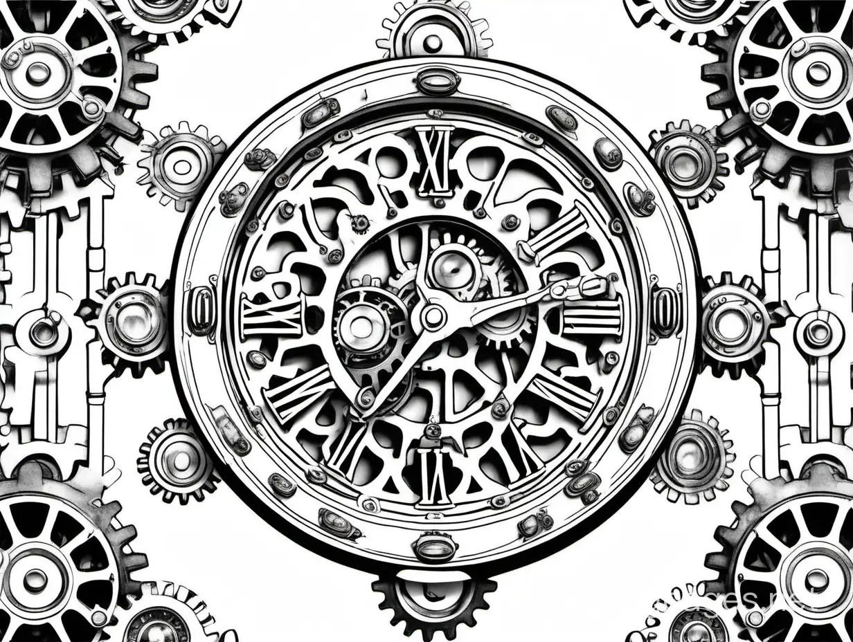STEAMPUNK clockworks, made of large gears, the two clock hands are larger than normal in size, ((the left side of the page is a mirror image of the right side)) ((black lines)) ((bold white background)), Coloring Page, black and white, line art, white background, Simplicity, Ample White Space. The background of the coloring page is plain white to make it easy for young children to color within the lines. The outlines of all the subjects are easy to distinguish, making it simple for kids to color without too much difficulty