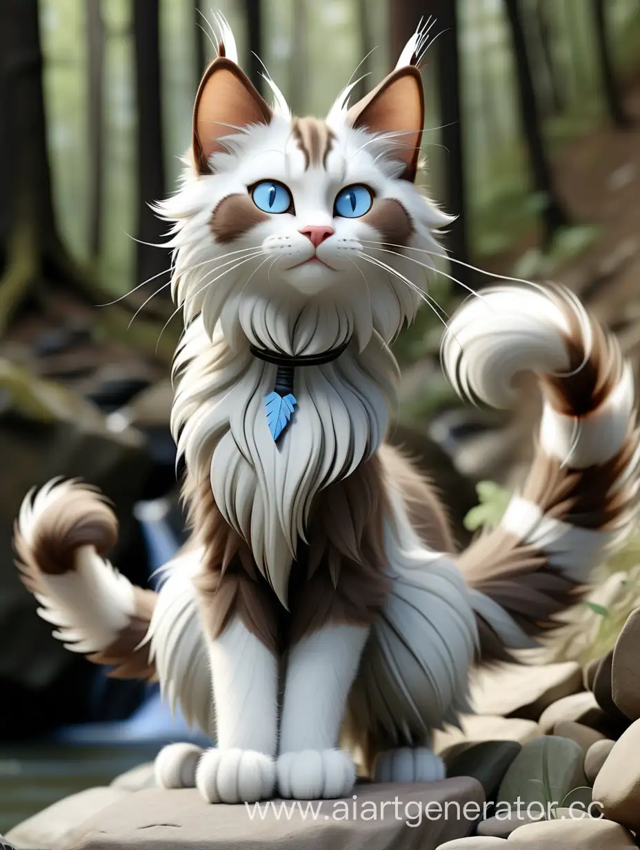 Fluffy-Cat-with-Striped-Coat-by-River-in-Forest