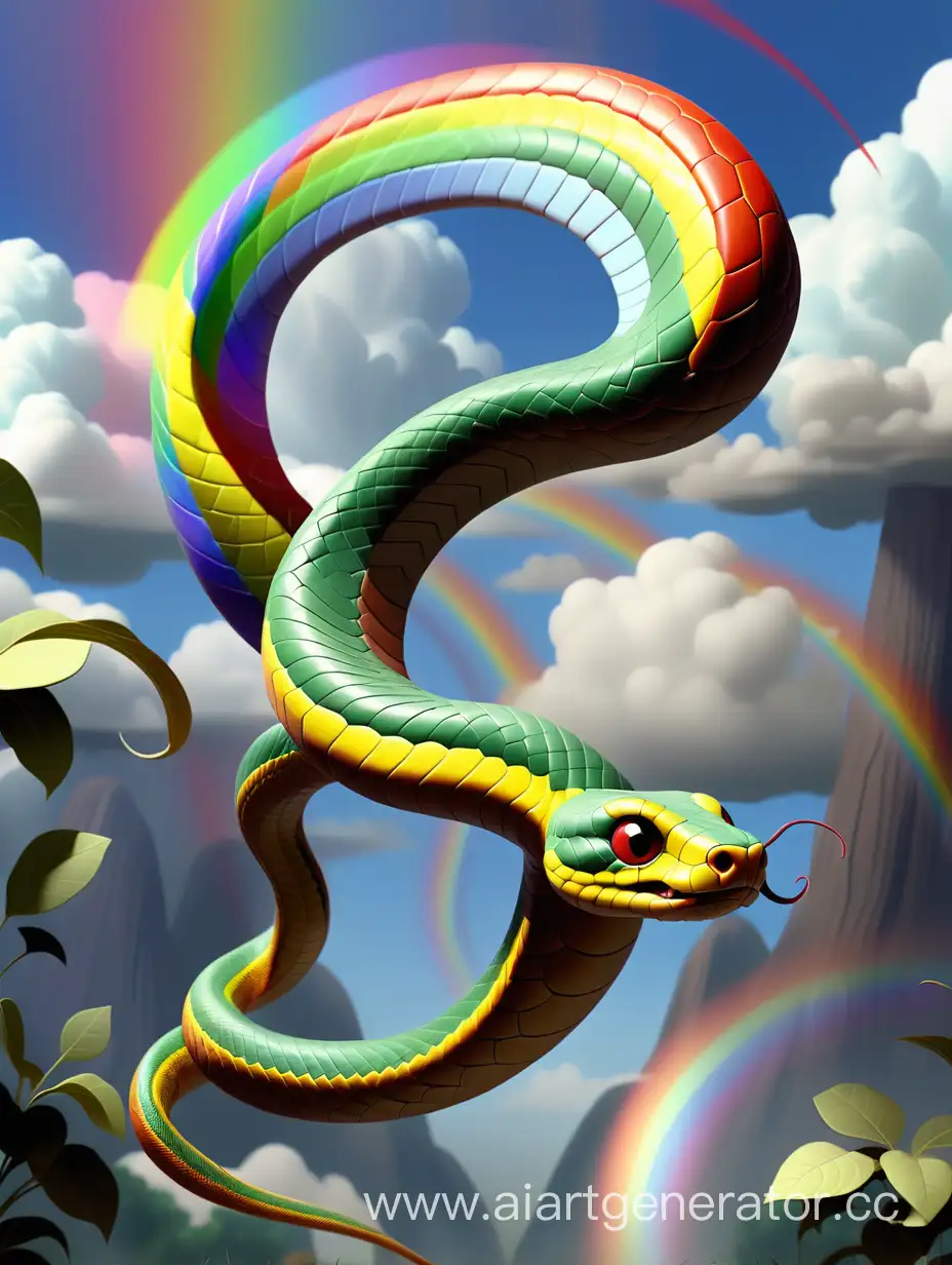 A flying snake. The snake has a bright color, and it leaves a trail of rainbows behind.