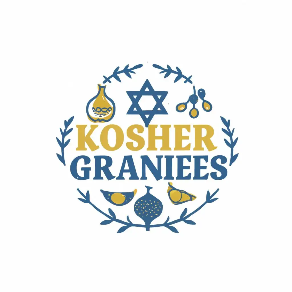 logo, Israel, Yellow, Blue, White, pomegranate, fig, grape, olive, Joan Miro, Star of David, simple, with the text "Kosher Grannies", typography