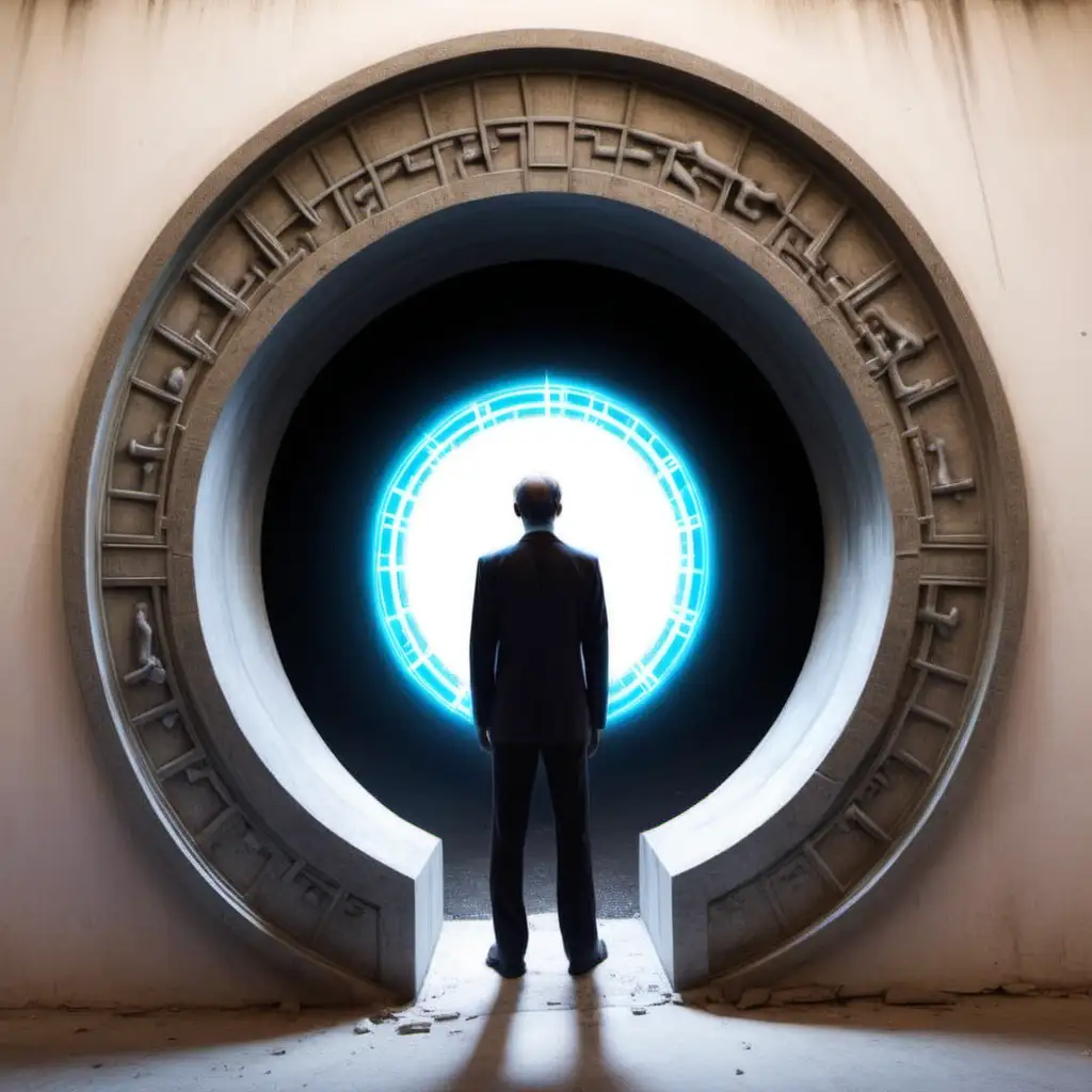 a real photo with a portal open and a man who travel in time