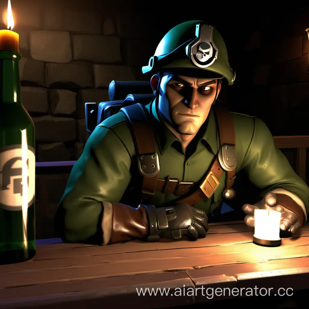 Team fortress 2, soldier team fortress 2, A beautiful soldier, shield, dark green clothes, night, sitting in a tavern, holding a filled glass,  eyes drunken look, glass, bottles on the table candles, grenades on a belt, on his head, a beautiful face, soldier, soldier tf2, soldier team fortress 2, realistic, Round helmet up to the eyes