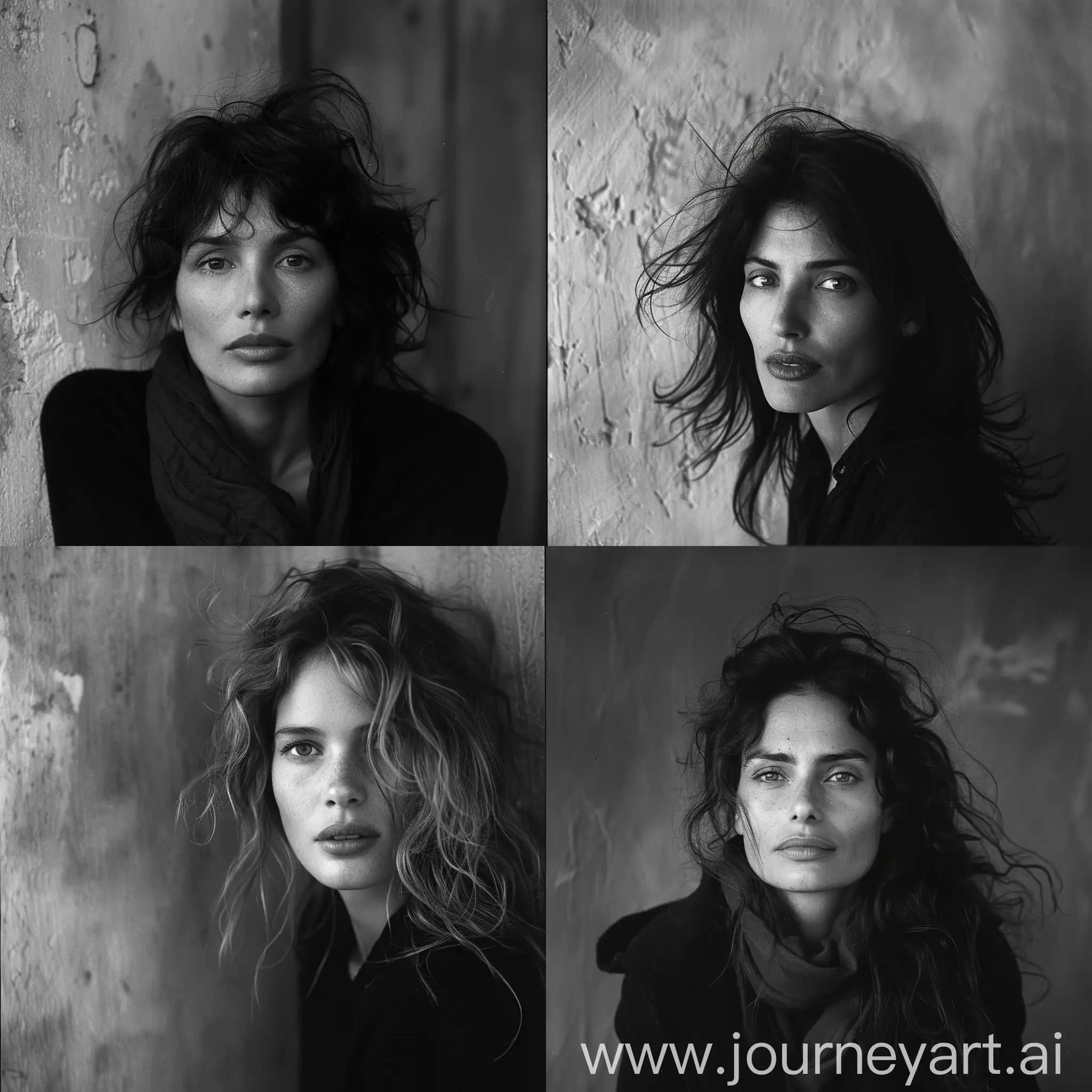 Photographic portrait of an attractive 40 years old Italian woman, in front of a flat wall, wavy hair, assured and confident expression, deep and captivating eyes, looking at camera, eye contact, winter morning light, cinematic style, shot with Ilford HP5+ 400 ::3 by Peter Lindbergh ::3   --style raw