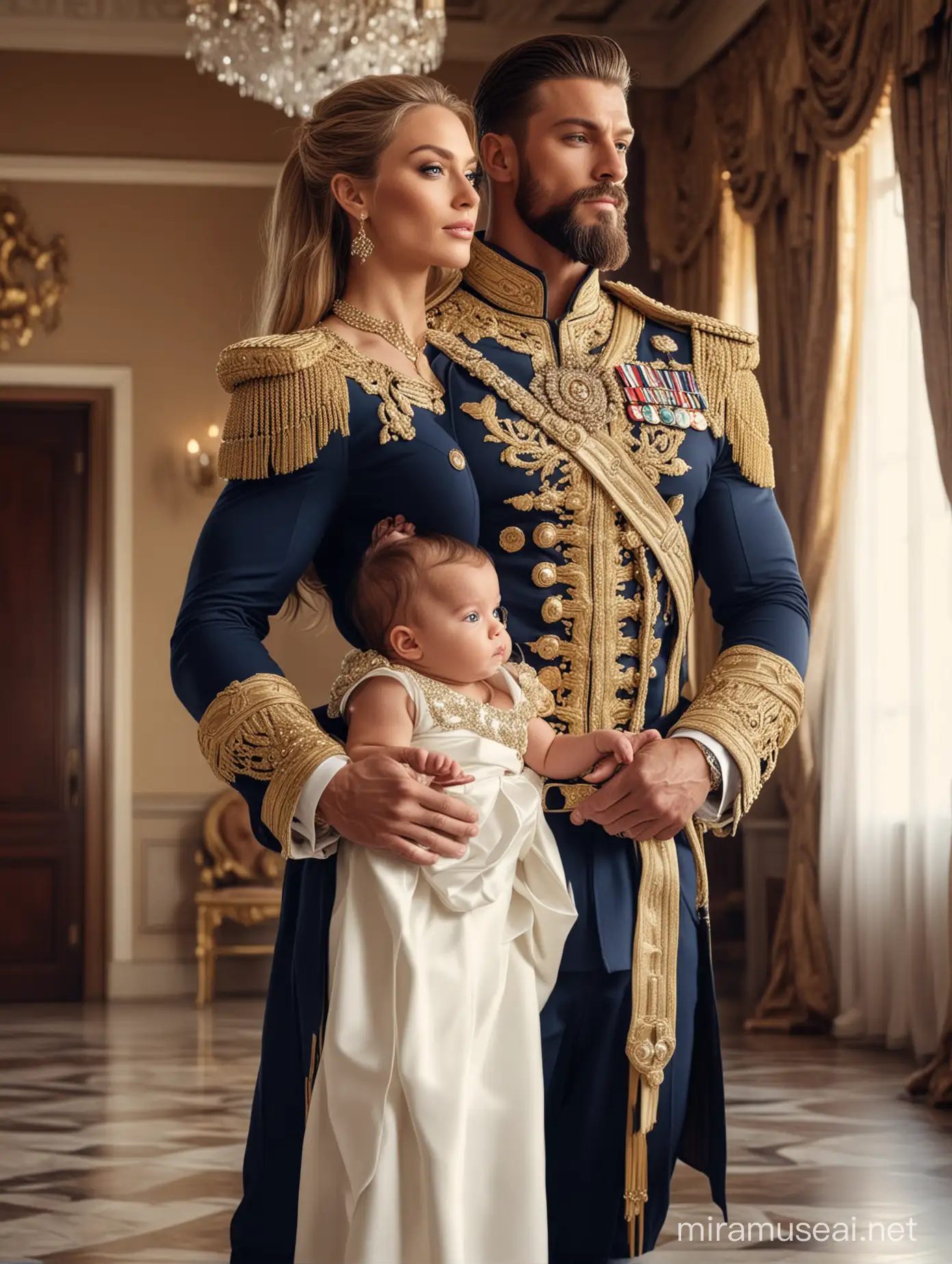 Regal Bodybuilder King Holding Baby with Queen in Opulent Palace