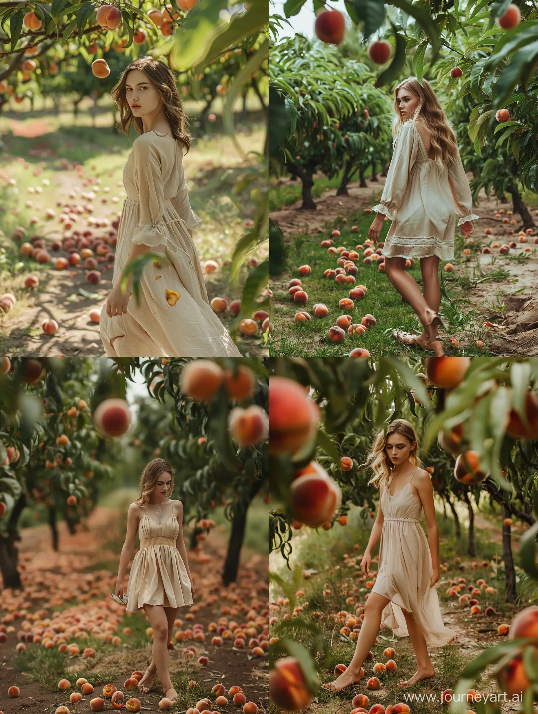 A very beautiful girl of 25 with fair skin in a light beige dress is walking through an orchard with peach trees under which fallen peaches are lying