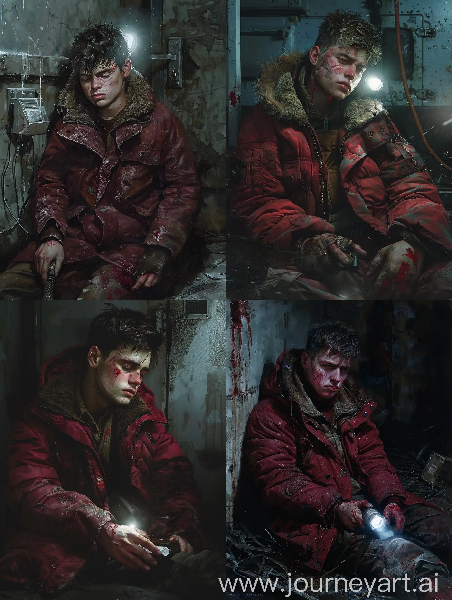 Realistic art: young man in dirty red parka resting in 1980' residental room at bunker. He's sad, Dark scene. He's weak. He are bleeding, he's holding bright flashlight