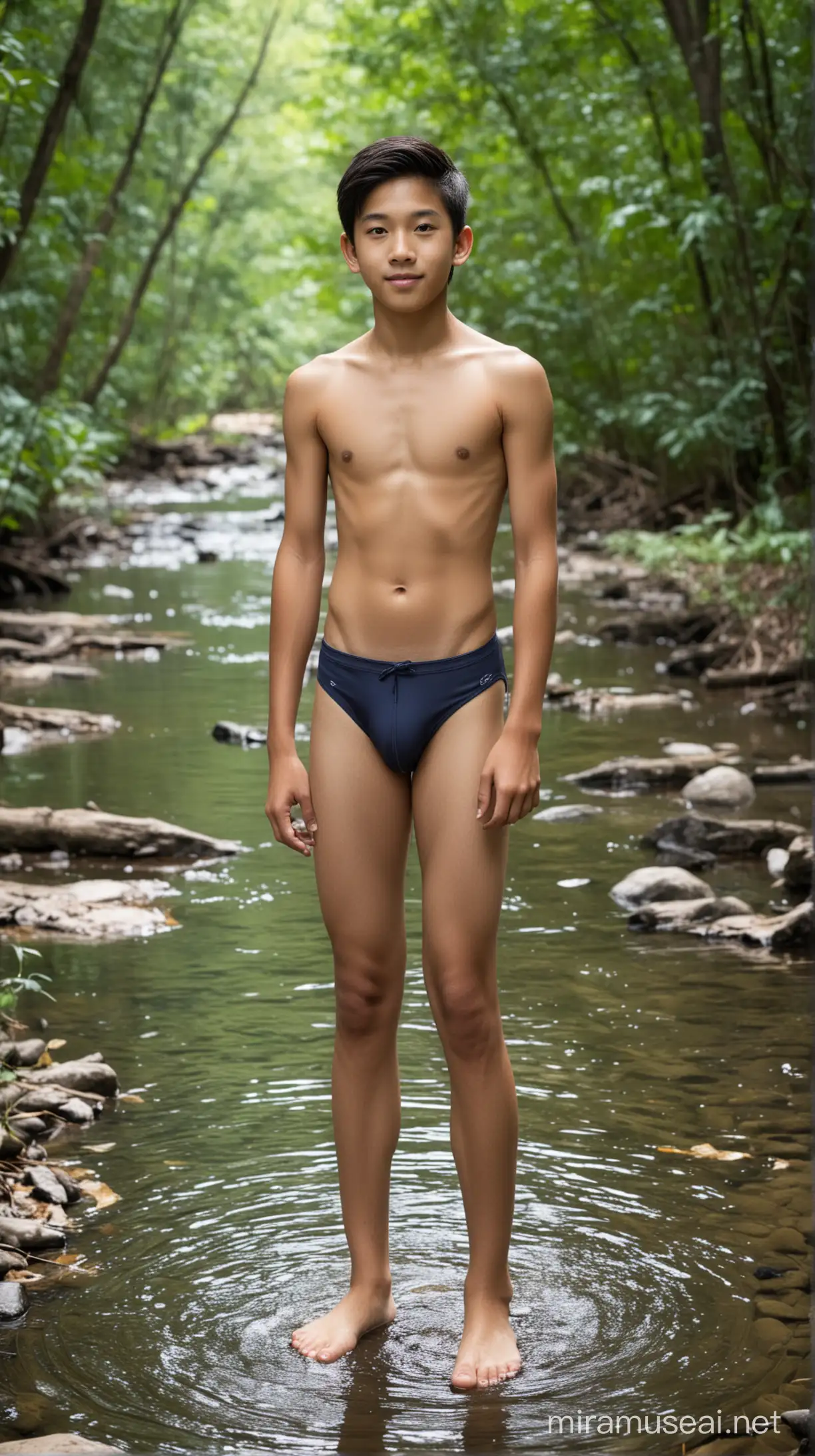 14 y.o. asian handsome boy wearing speedo, standing in creek in deep woods, little body fat, full body