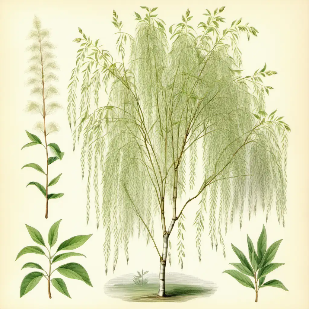 Botanical Illustration of the plant white willow tree for a herb book