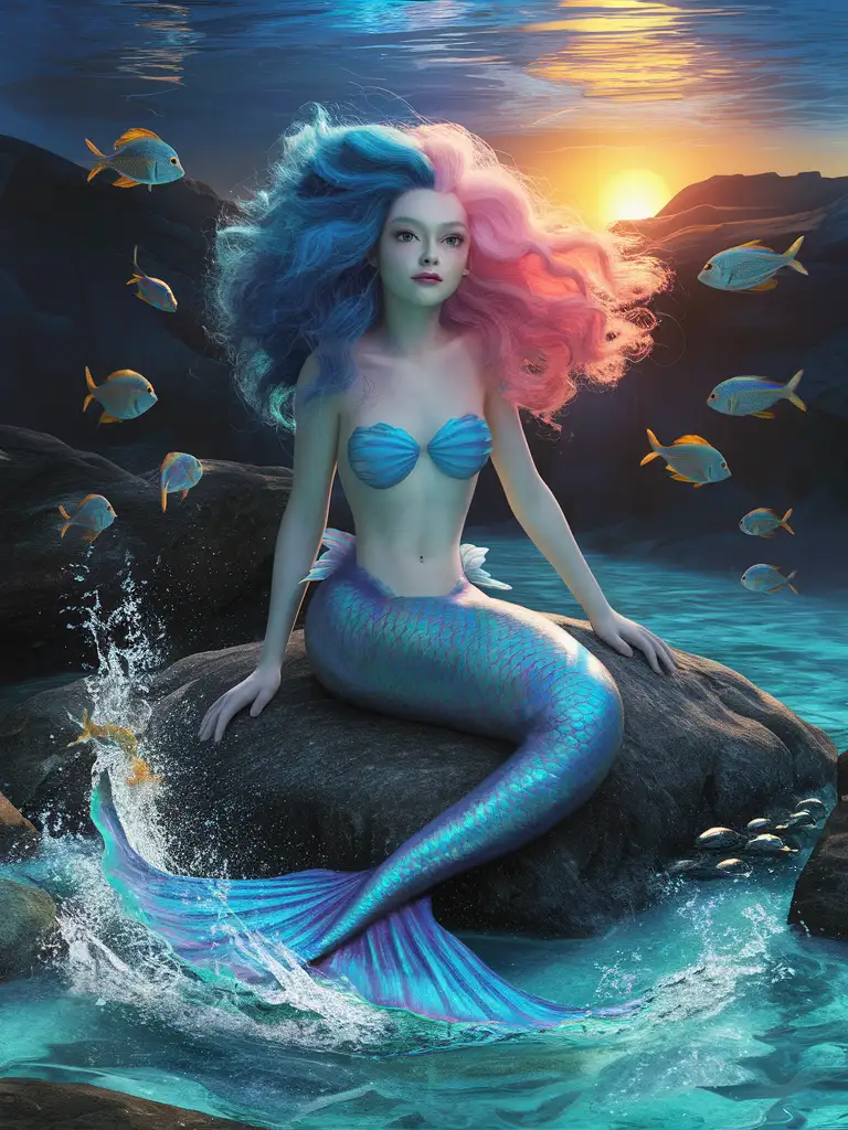 Shimmering Mermaid with Multicolored Hair Splashing in Blue Sea
