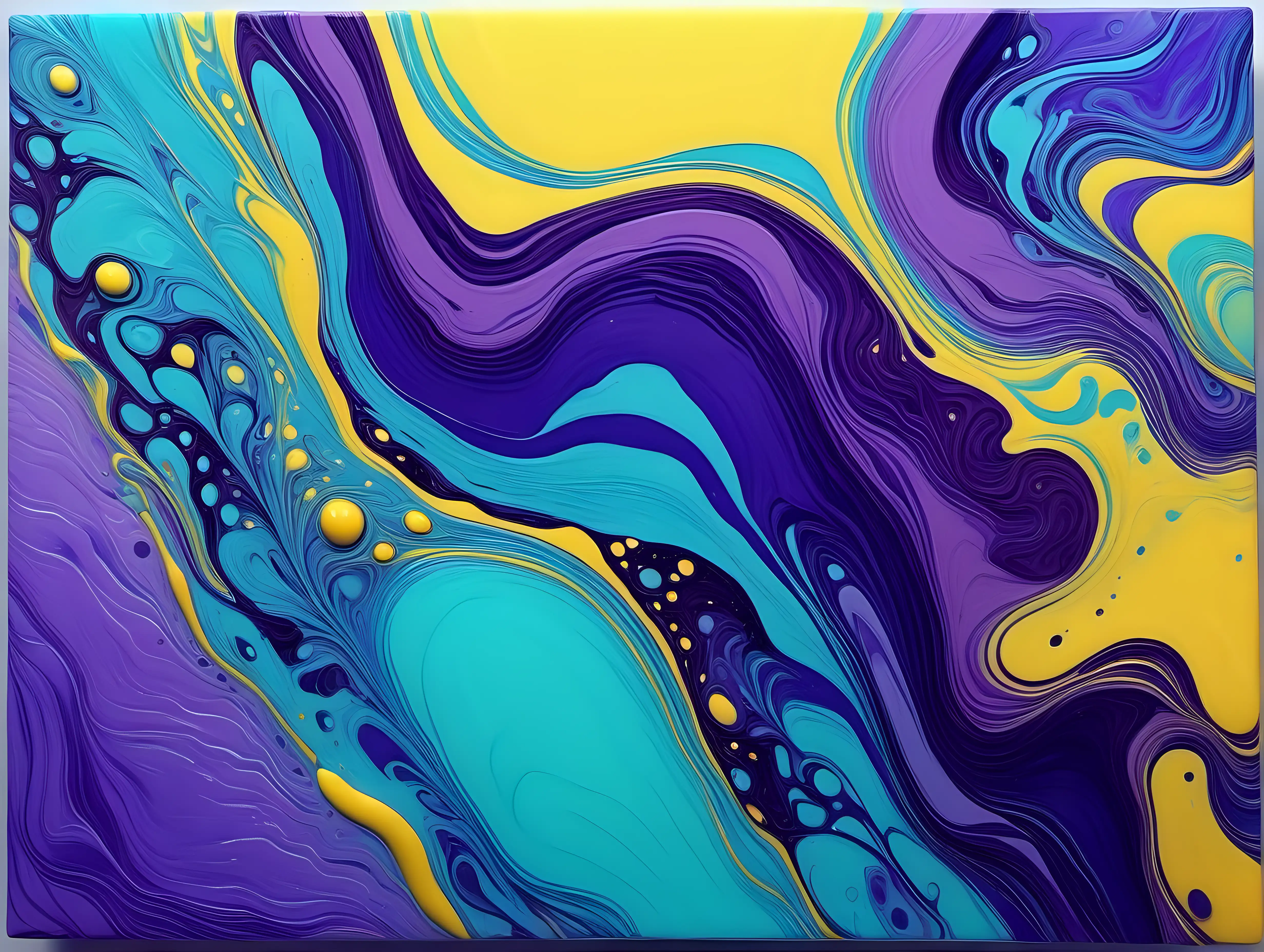 Vibrant Acrylic Pour Art in Purple Light Yellow and Cyan Blue