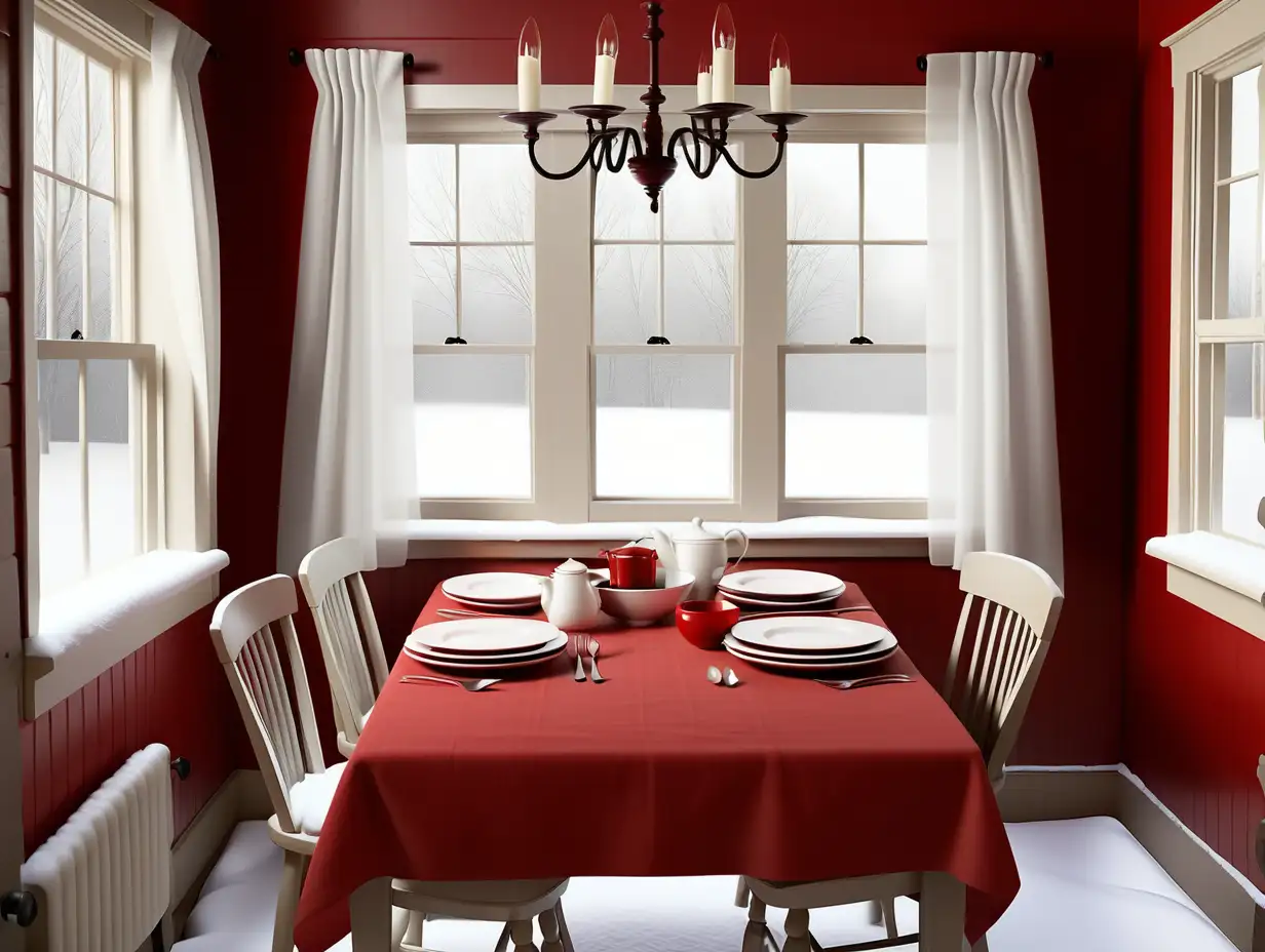 Cold day, snowing outside window. Large farm house table set with plates , red table cloth, walls are painted white and the curtains on the window are white
