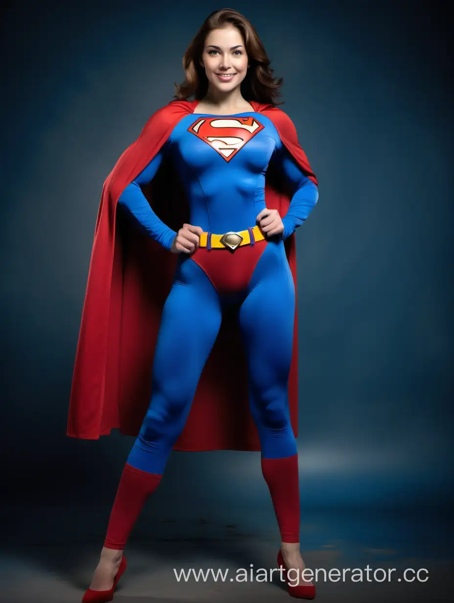 A pretty woman with brown hair, age 21. She is happy. ((She is Extremely Muscular)). Powerful. Strong. Mighty.
She is wearing a Superman costume, blue sleeves, blue leggings.
Photo studio. Superman The Movie.