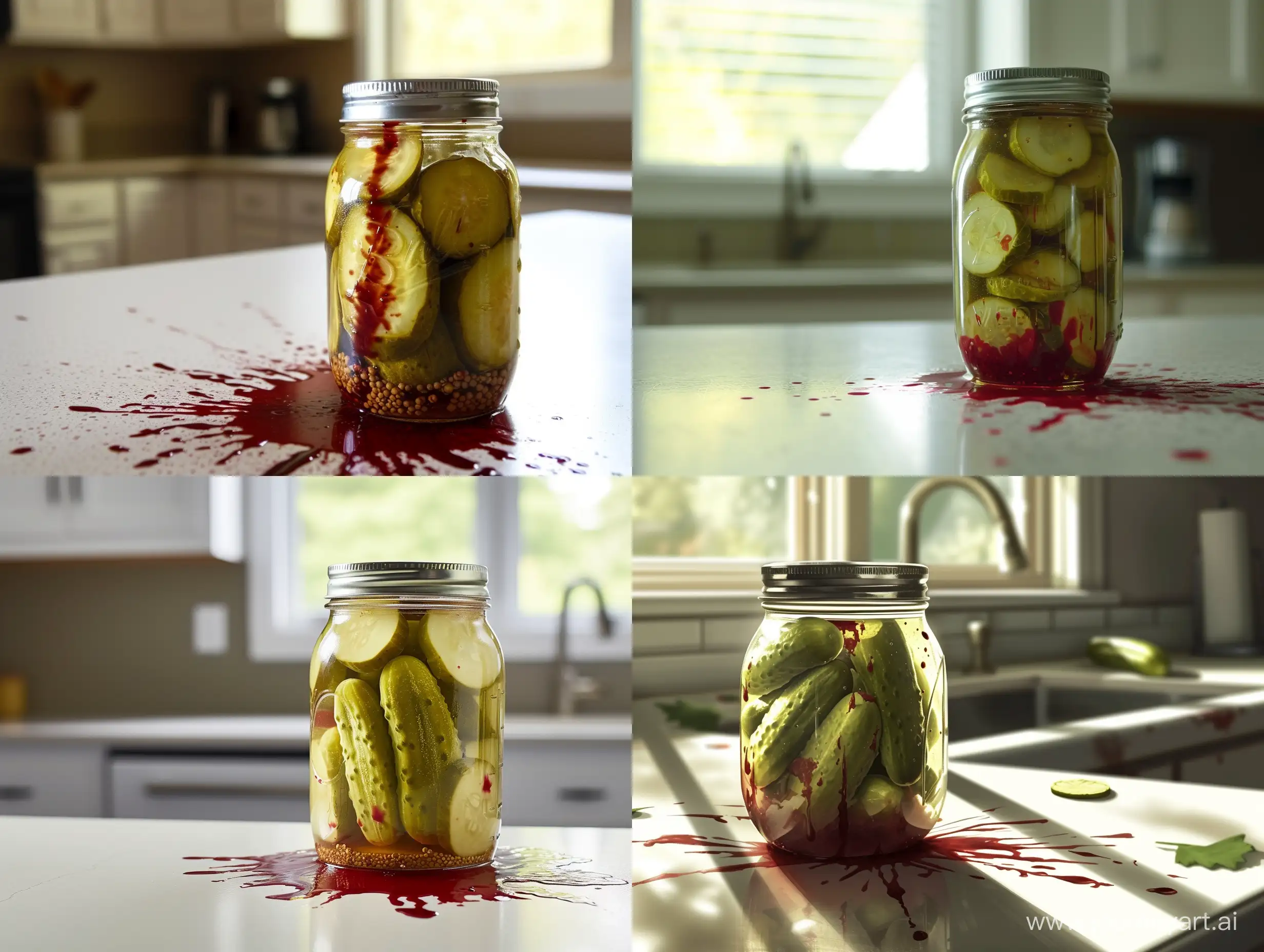 A jar of pickles that is bleeding sits on a kitchen counter. The jar is made of glass and is sealed with a metal lid. The pickles are whole and are floating in a clear liquid. The blood is dripping out of the jar and onto the counter. The blood is red and is dripping slowly. The counter is white and is made of laminate. In the background, there is a window that is open.