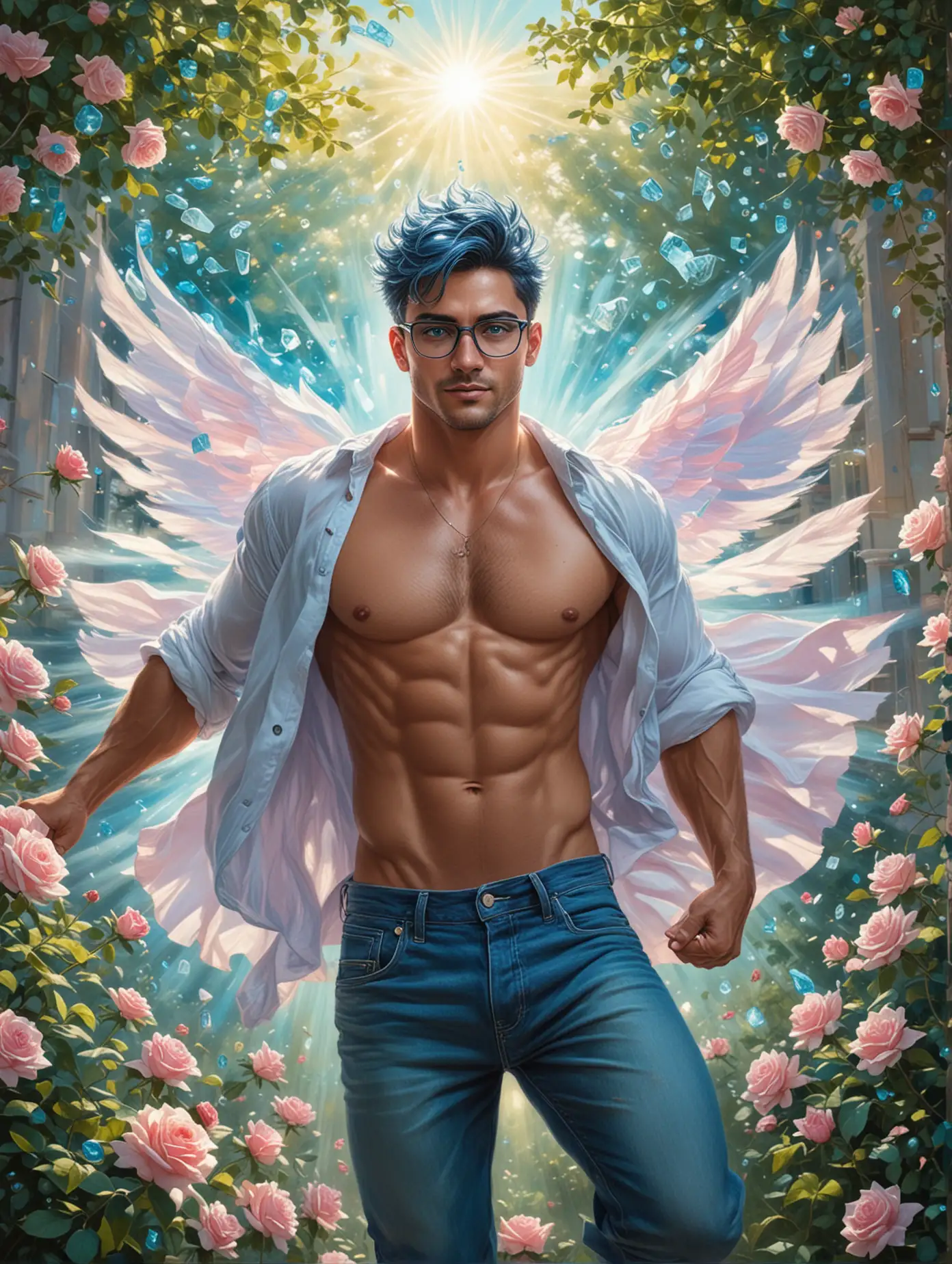 In a breathtaking display of power and transformation, a 30 something shirtless hunk with glasses and mesmerizing aquamarine eyes and short navy blue hair floating mid air. His rugged 5 o'clock shadow adds to his rugged charm as he defies gravity, suspended in mid-air. Clad only in casual jeans, his open pink shirt hangs in tatters, fluttering around him like a banner in the wind. As he ascends, a brilliant aquamarine aura radiates from the circular energy crystal embedded in the center of his chest. The crystal pulses with energy, casting a dazzling glow that illuminates the surrounding rose garden.