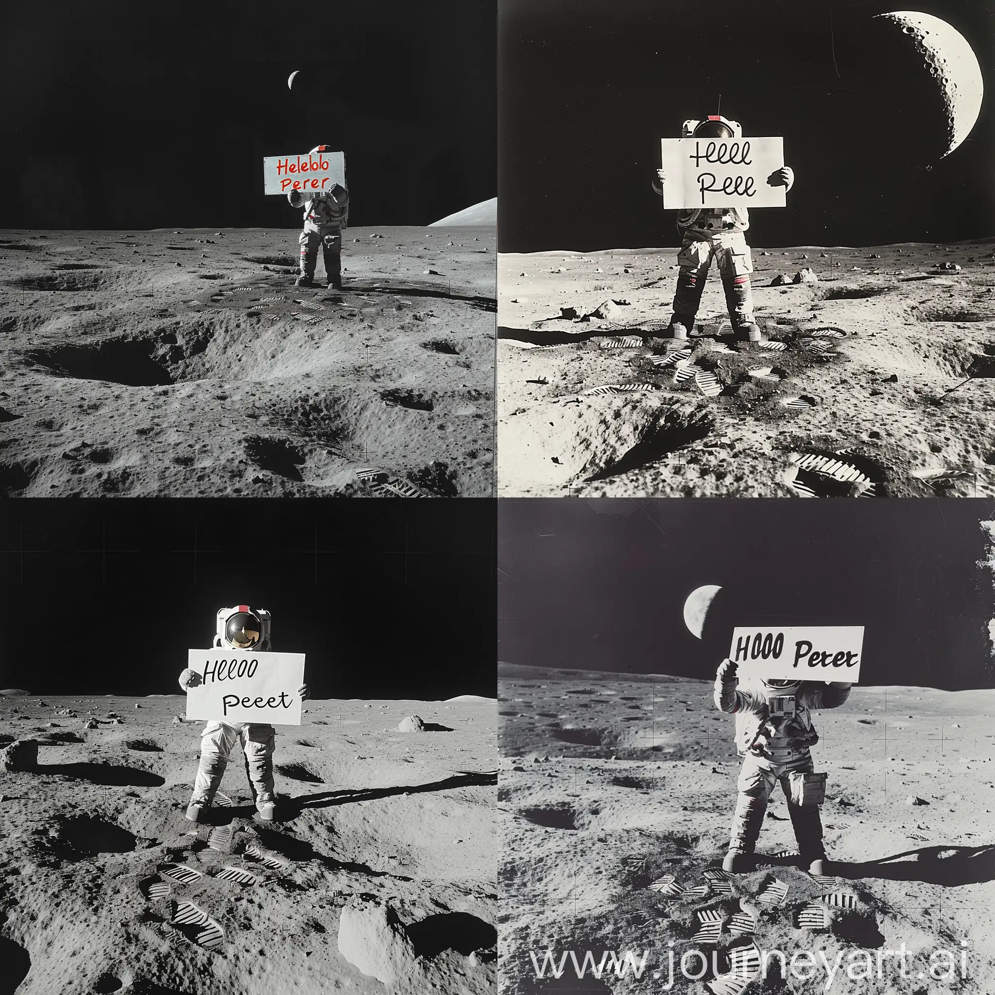 Man on moon holding signboard "Hello Peter"