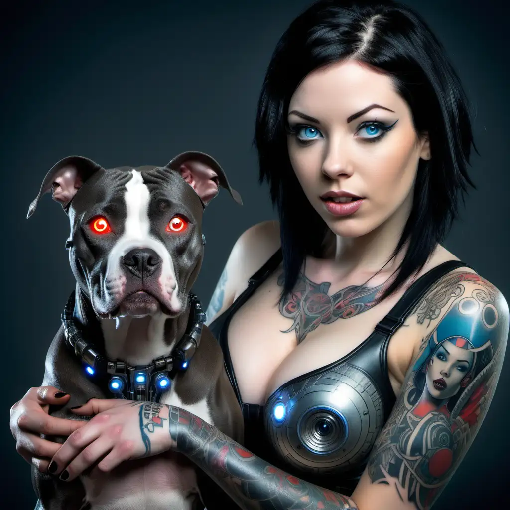Excited Cyborg Woman with Futuristic Dog Beautiful 18YearOld and her American Staffordshire Terrier
