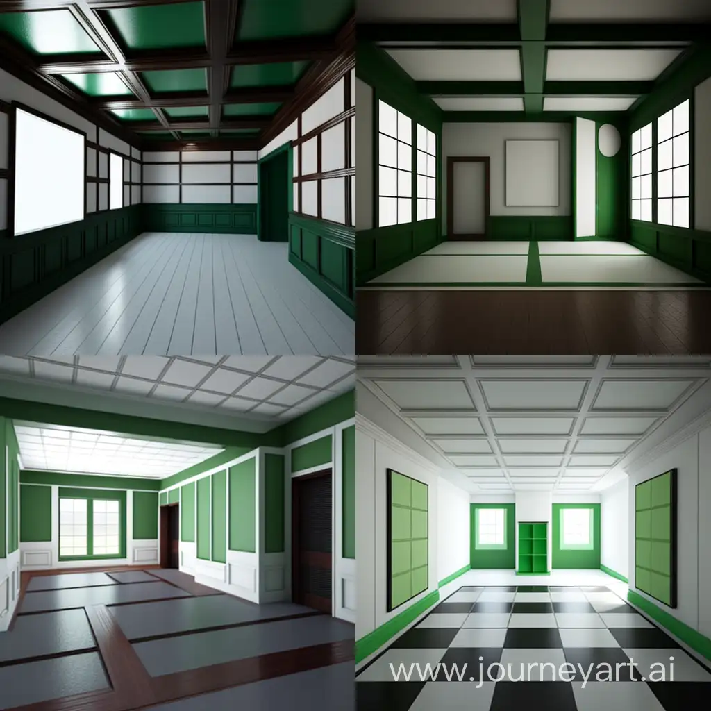 Rektangulär jujutsu dojo. Gröna mattor. Vita väggar av träpanel. Bra ljus. 3 Rektangulära fönster längs ena väggen