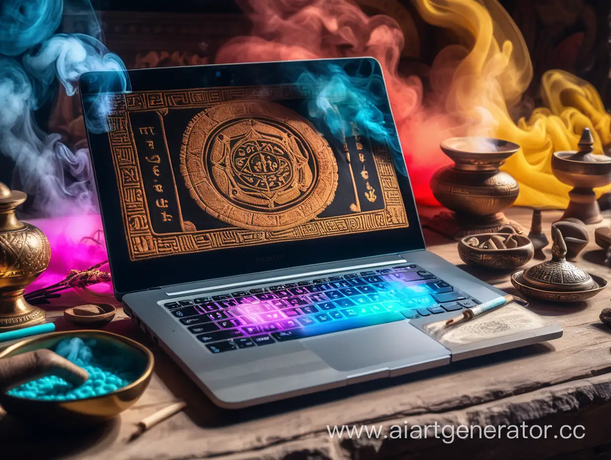Surreal-Macrophotography-of-Ancient-Mantras-on-Laptop-Screen-with-Incense-Smoke