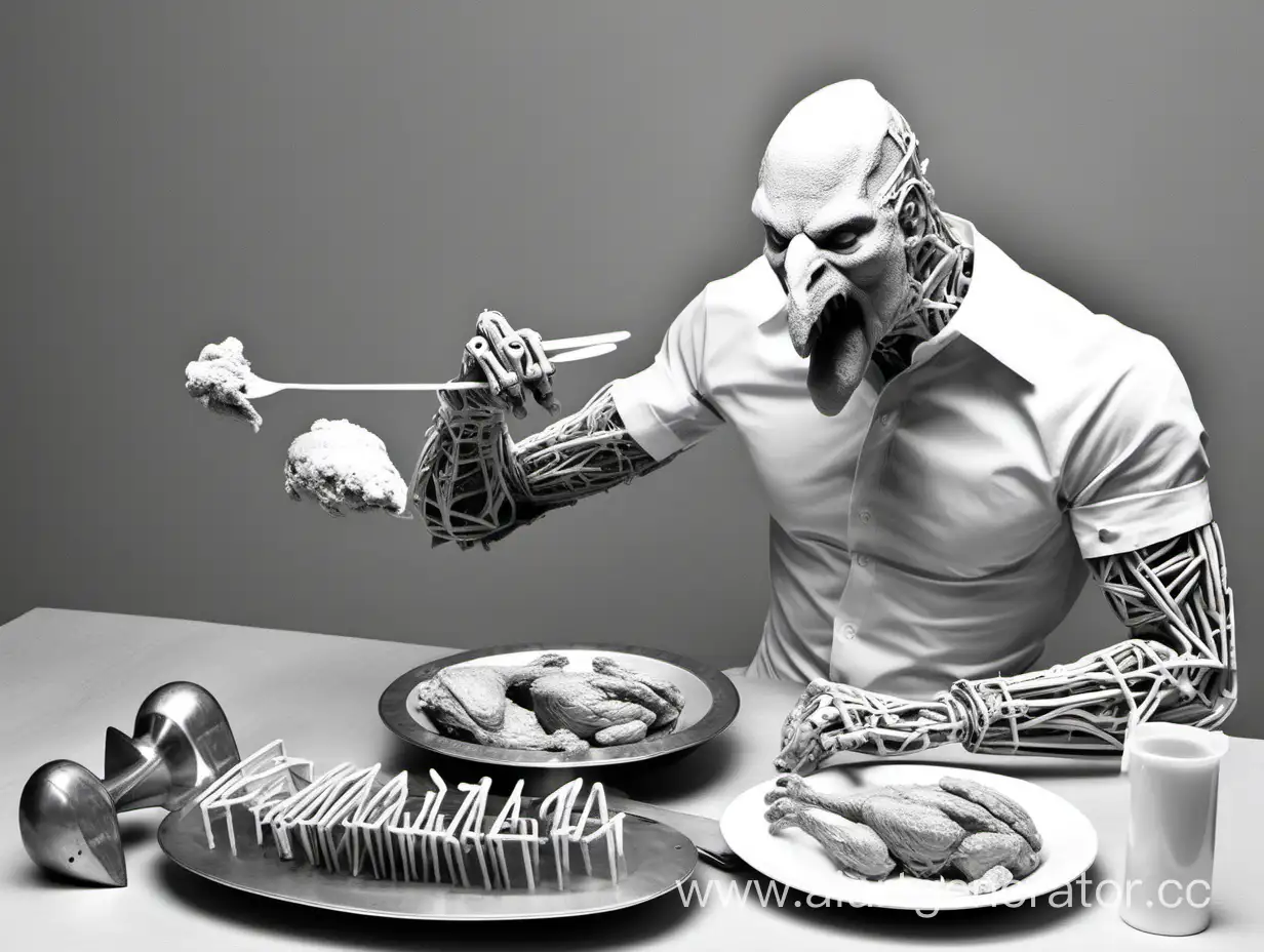 Futuristic-Scene-Silicone-Man-Enjoying-Drum-and-Bass-with-Iron-Chicken