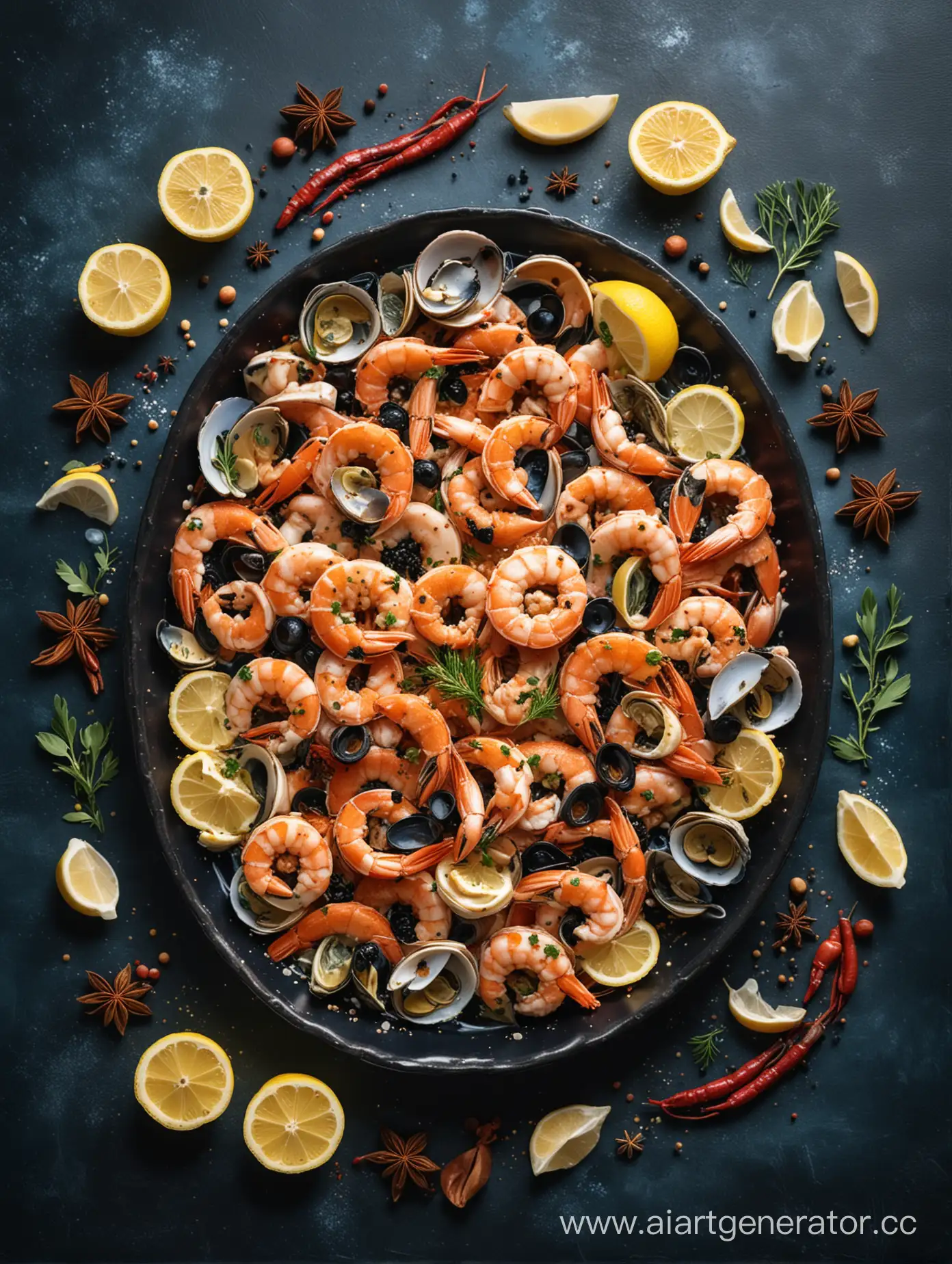 Fresh-Seafood-Feast-with-Spices-and-Lemons-on-Dark-Blue-Background
