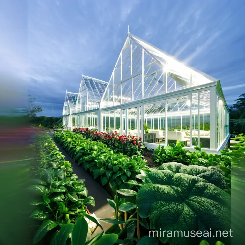 imagine an evening scene with lighting inside the green house