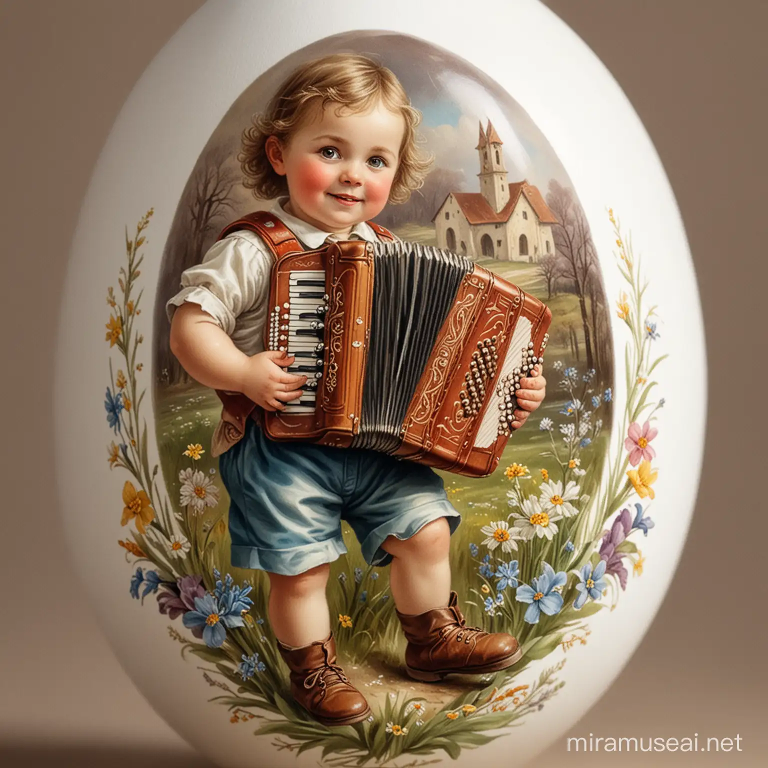a child with an accordion is depicted on an Easter egg
