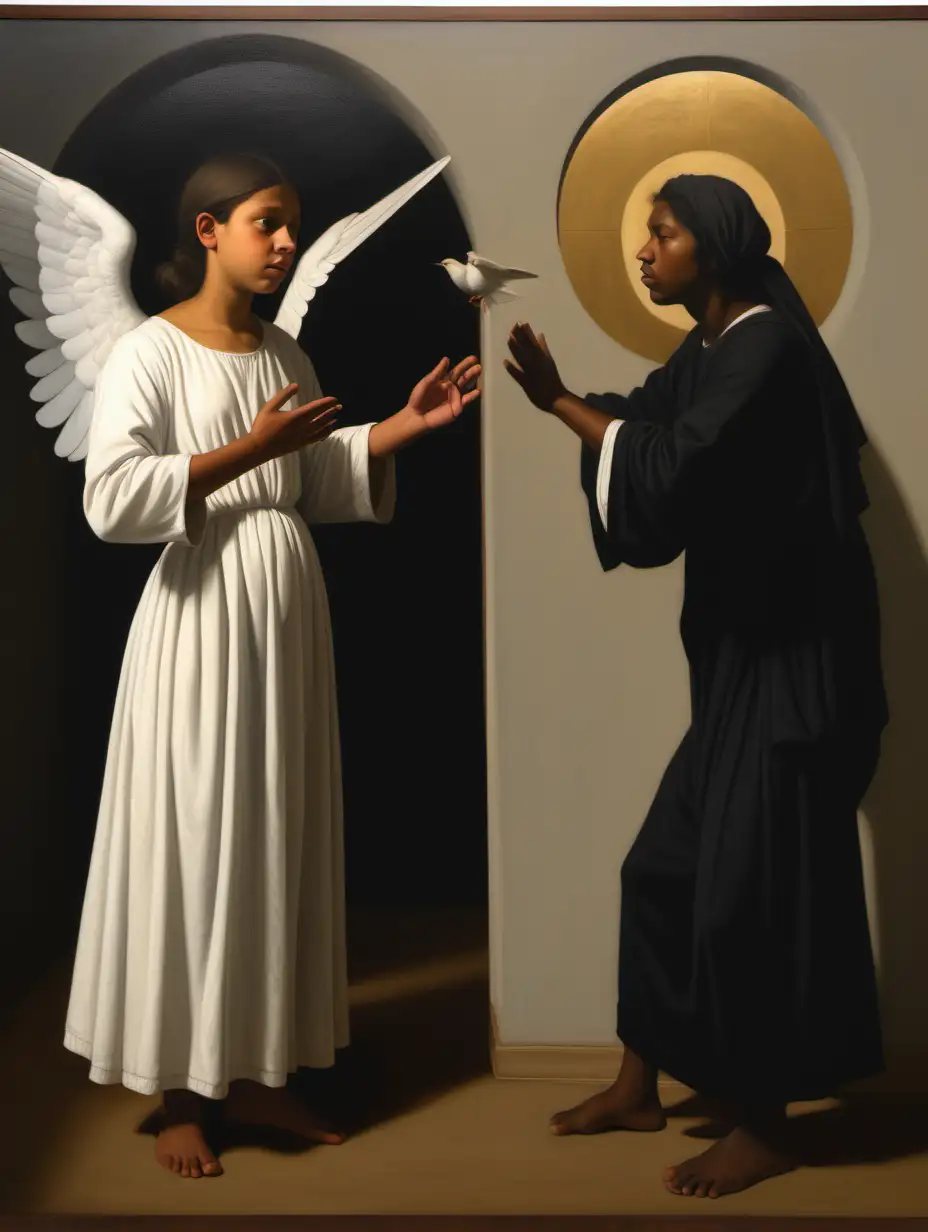 Annunciation Painting in Bo Bartlett Style Indigenous South American Girl as Gabriel