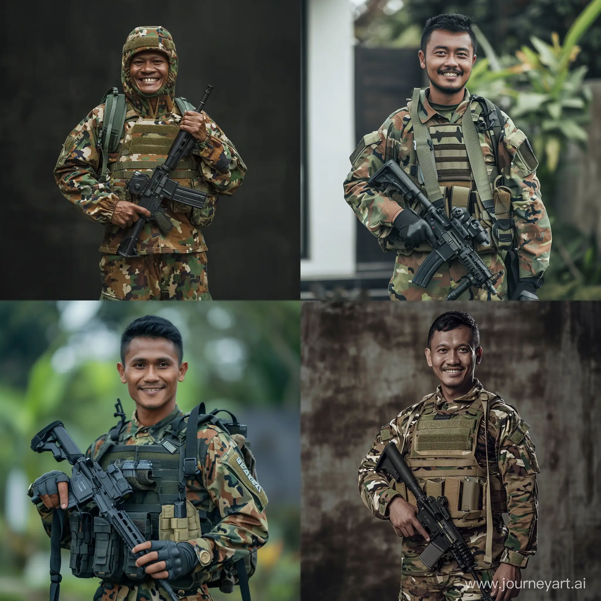 Realistic photo full body indonesian man using multicam combat suite with smiled face, hold MP5K