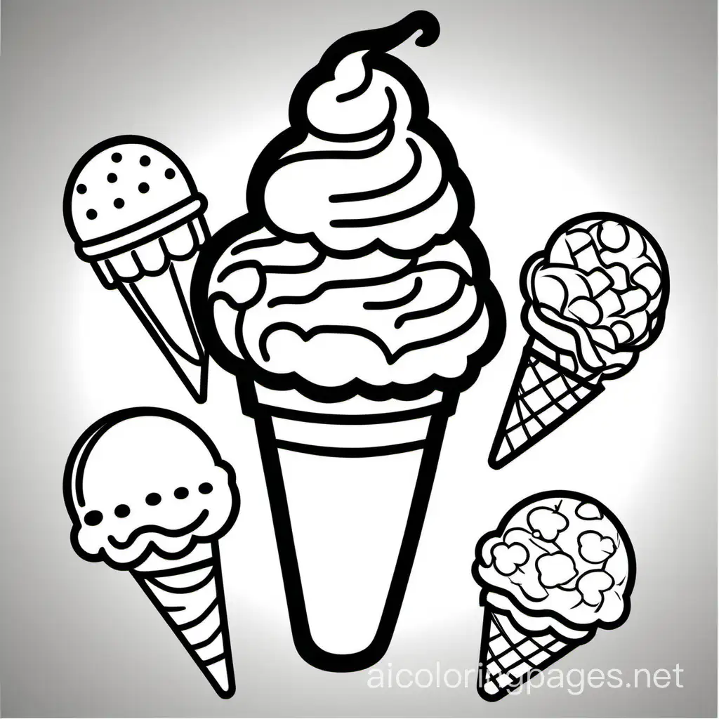 Ice cream bold ligne and easy with a white background , Coloring Page, black and white, line art, white background, Simplicity, Ample White Space. The background of the coloring page is plain white to make it easy for young children to color within the lines. The outlines of all the subjects are easy to distinguish, making it simple for kids to color without too much difficulty