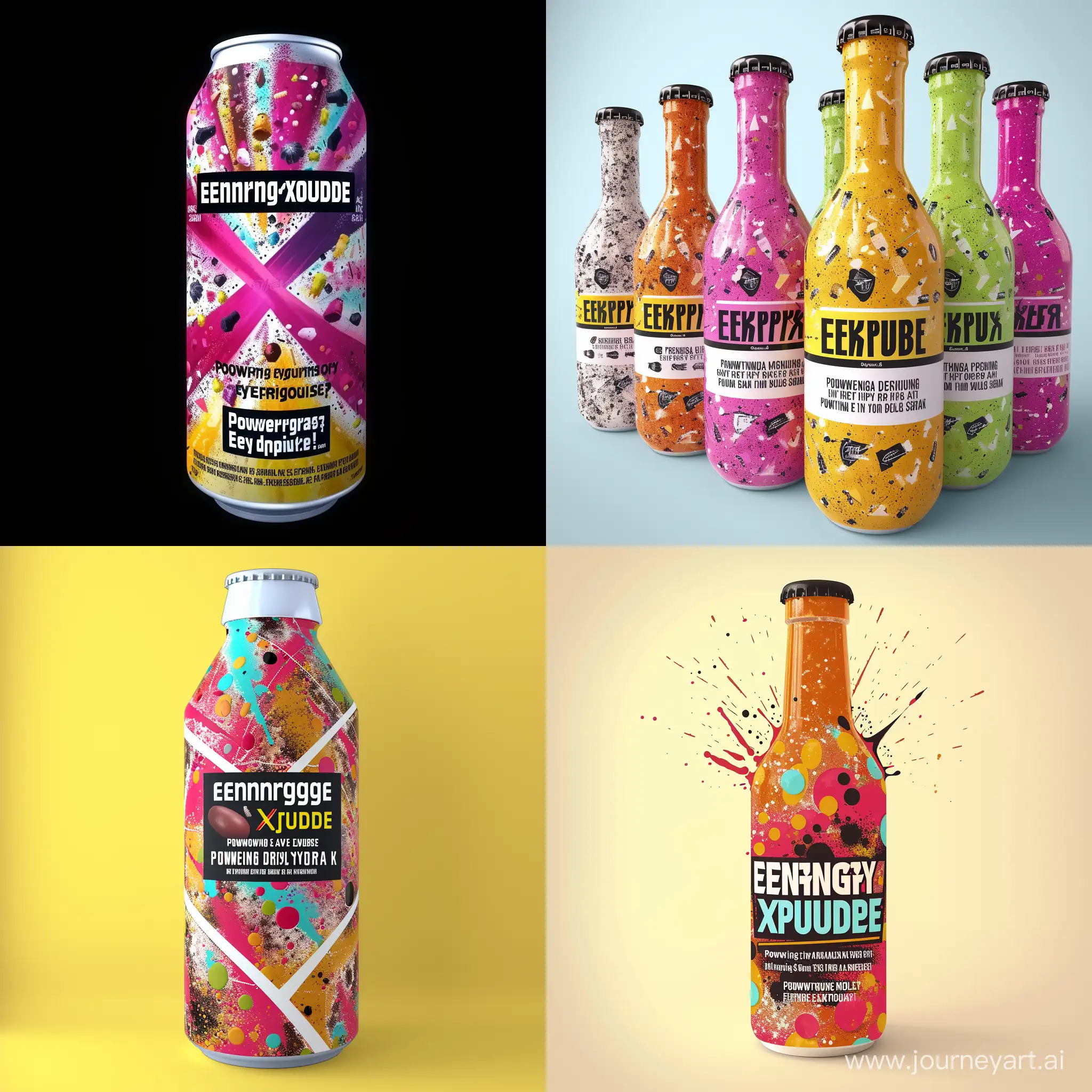 make a new type of energy drink with all the same ingredients that are in pre-workout formula. Make it eye catching, and make the buyer want it for their workout. Make it with a label with the name "EnergyXplode", and text under "Powering through every drop of sweat!" Make the design unique, and with vibrant colors
