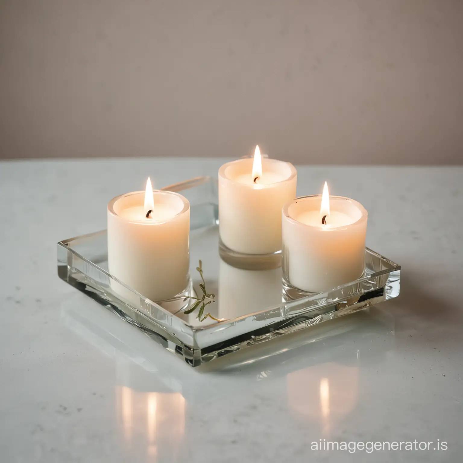 a votive trio  of white candles that are each enclased in clear glass are sitting on a small square mirror with etched edges and no frame for a simple minimalist wedding centerpiece
