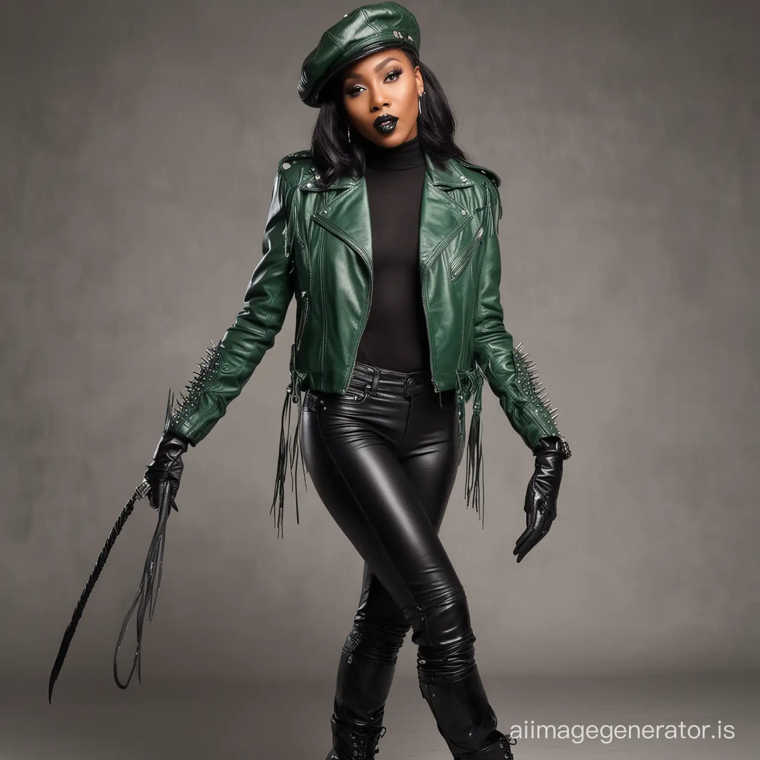 ebony woman in black leather gloves, spiked green motorcycle jacket. and black lipstick, leather masters cap, high heel leather boots, holding leather whip