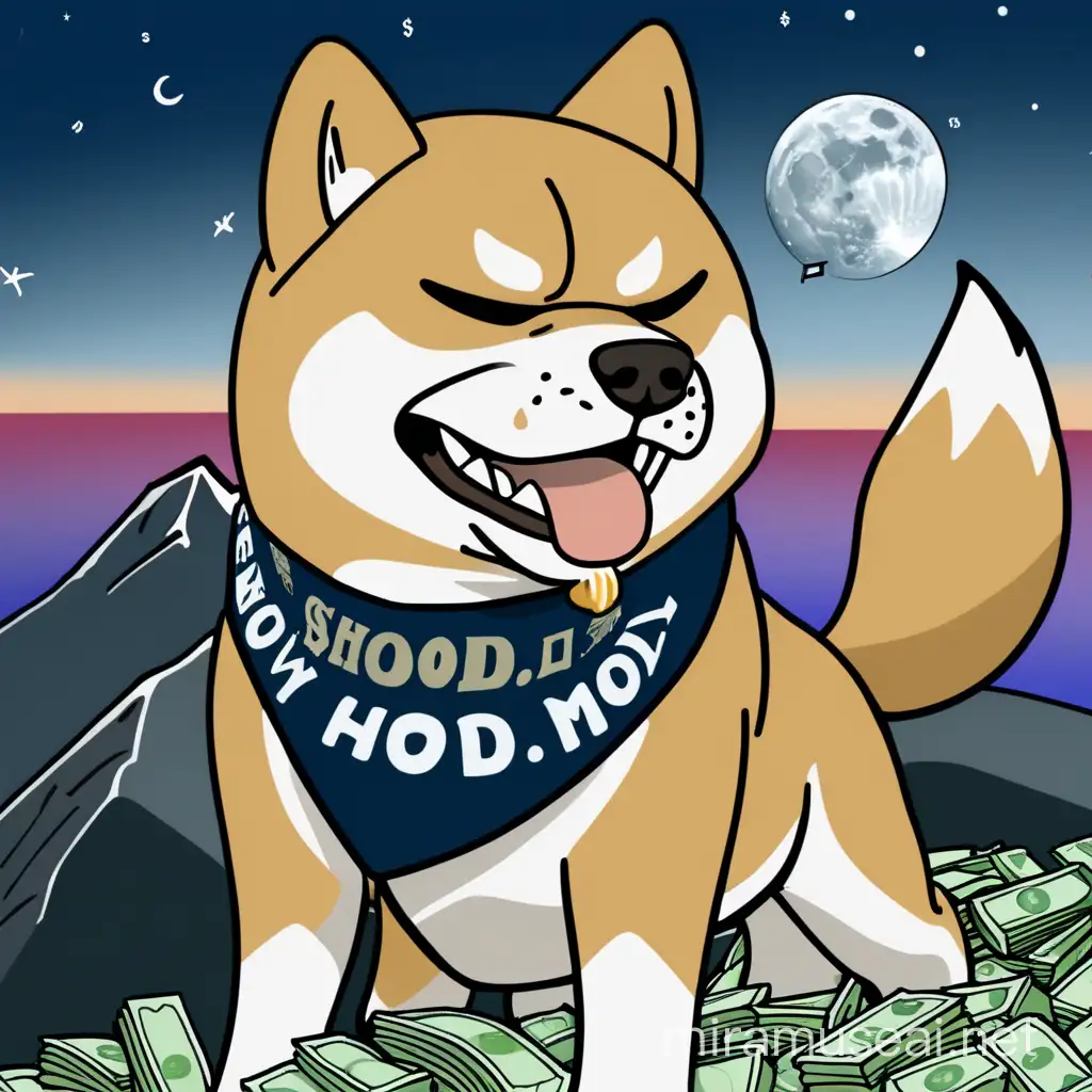 Angry Shiba Inu with a bandana on his head that says "$hodl" and money chain around his neck. He is on a cliff howling like a wolf to the moon with a pile of money under him. 