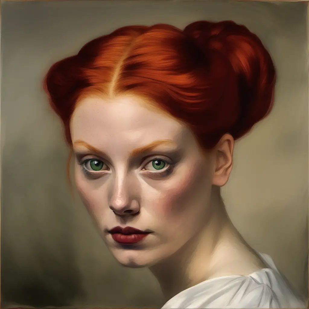 A  PAINTED PORTRAIT OF A BEAUTFUL WHITE YOUNG WOMAN,  with RED hair PULLED UP ON HER HEAD IN A CHIGNON,. LOOKING STRAIGHT AT THE VIEWER, WITH FULL MAKE-UP  ON, FACING STRAIGHT AT THE VIEWER, HRAD A D EYES NOT TURNED