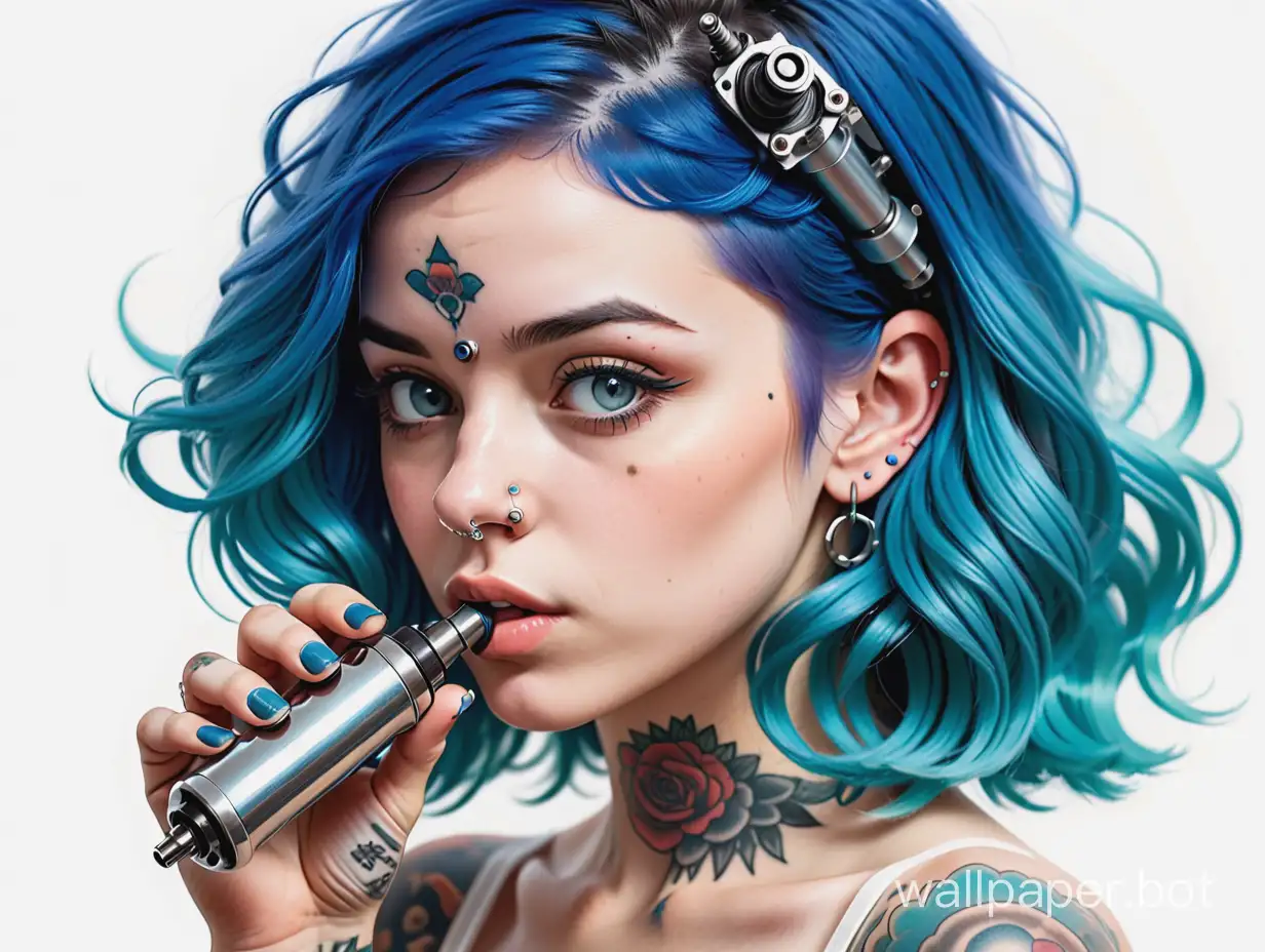 A girl with blue hair, piercing in her nose, piercing in her mouth, tattoing with a tattoo machine, vintage machine, amazing illustration, vintage modern style, white background
