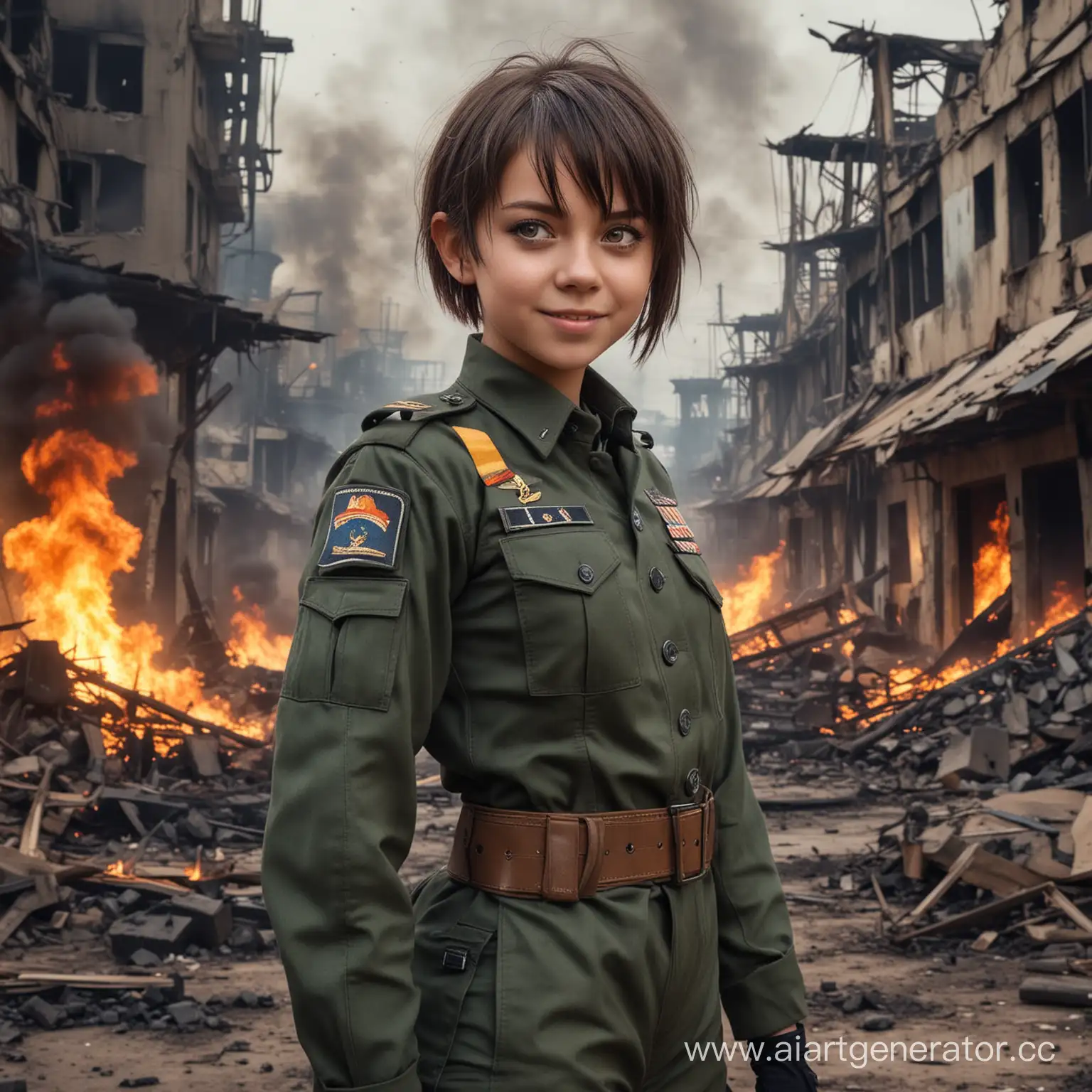 girl, in the military uniform of the future , crazy eyes , short hair, grin, Loli , full height , destruction around and a lot of fire