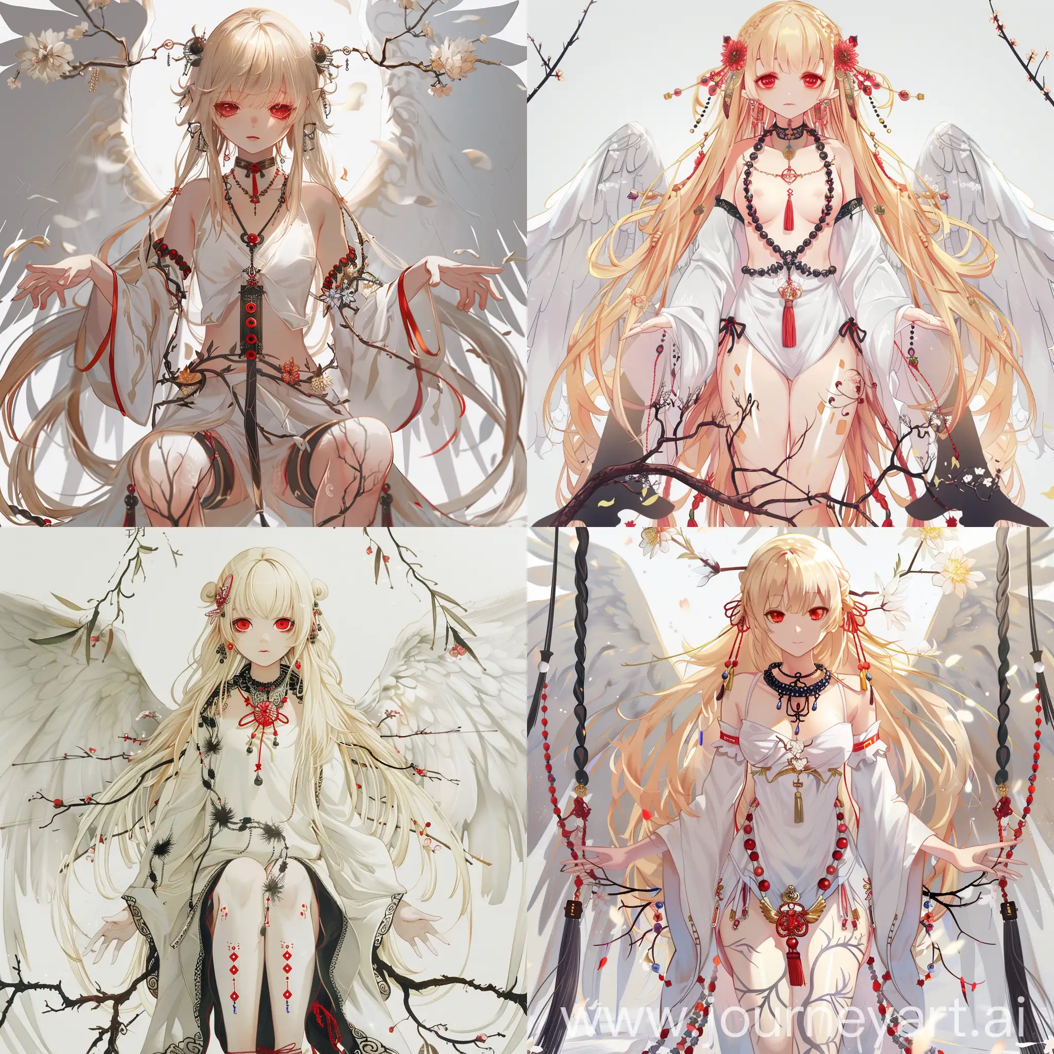 teenage girl, mystic anime, in an oriental white costume, black and red beads on the neck, red eyes, long wavy hair, blonde, branches with flowers on her legs, transparent wings, full growth, multiple views 