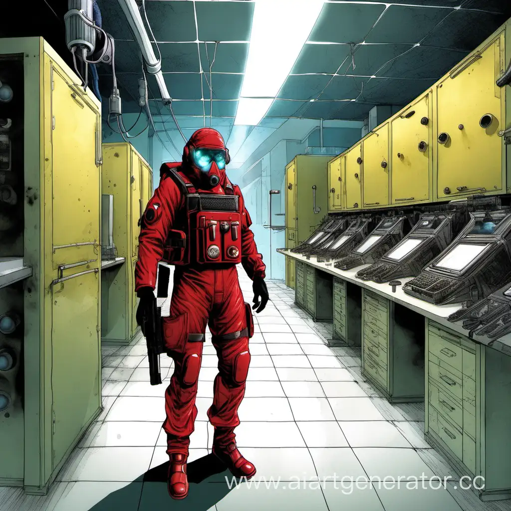 Учёный с пистолетом M1911 в руке. На человеке биохимический костюм и бронежилет с бронёй на руках и ногах. На фоне коридоры лаборатории с работающей тревогой красного цвета.