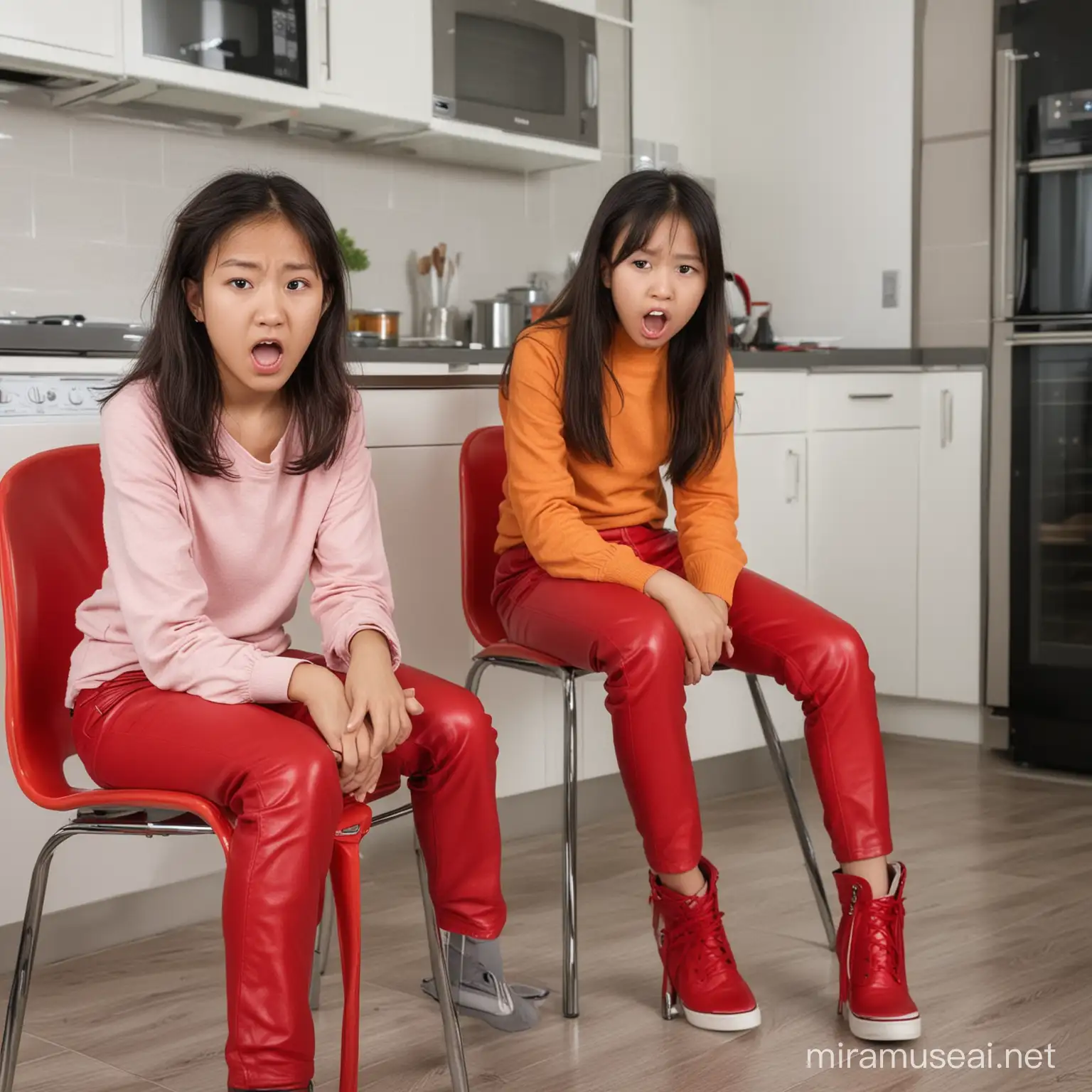 two asian girls,13 years,angry face,sitting on a chair,tight red leather pants,kitchen