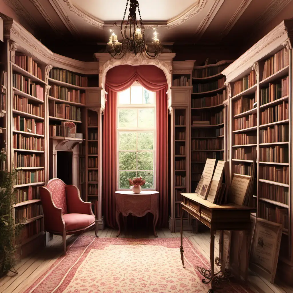 interior for a romance bookshop in the style of Jane Austin