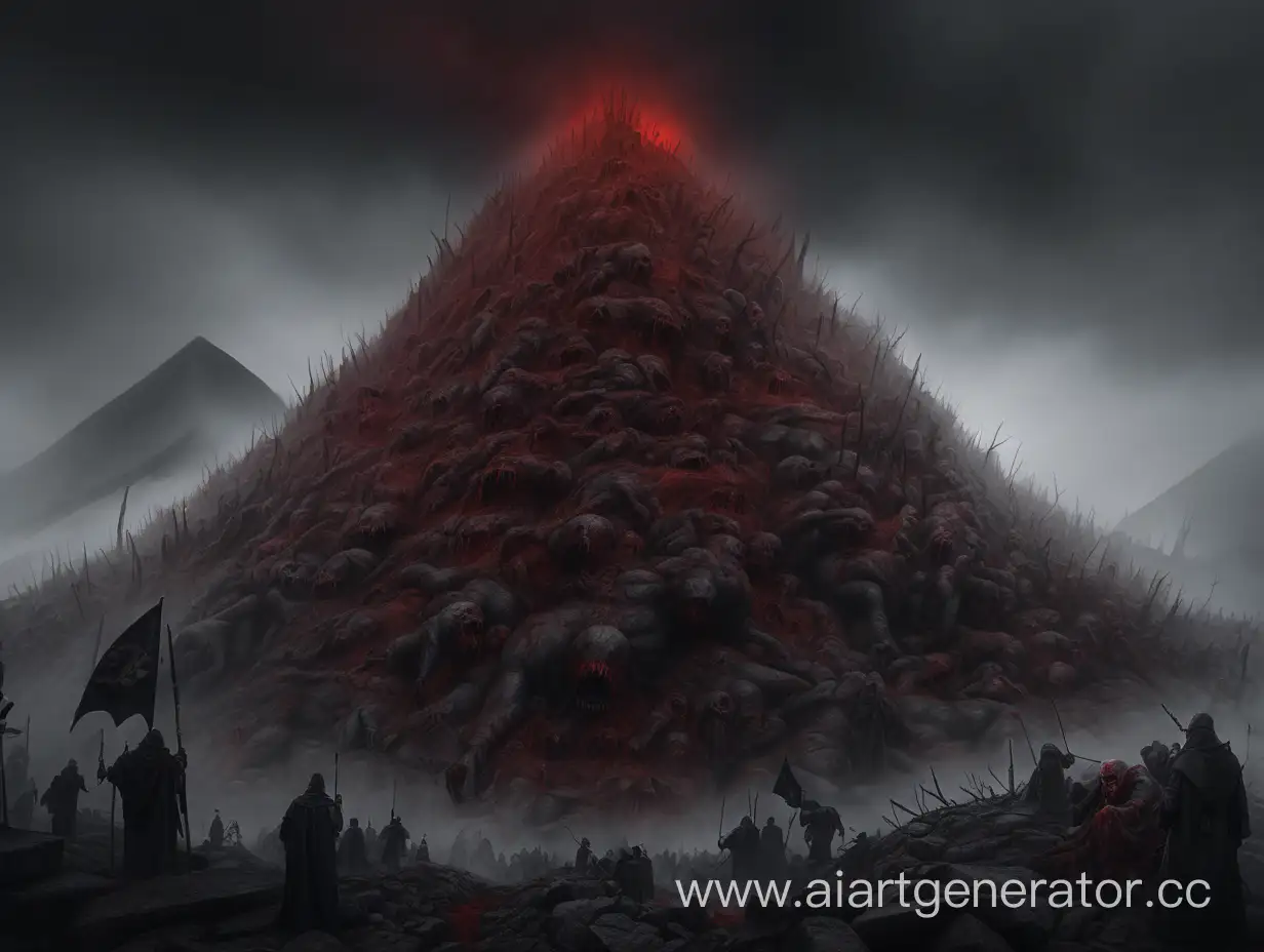 Гора кровавых непонятных останков покрытая чёрным густым туманом