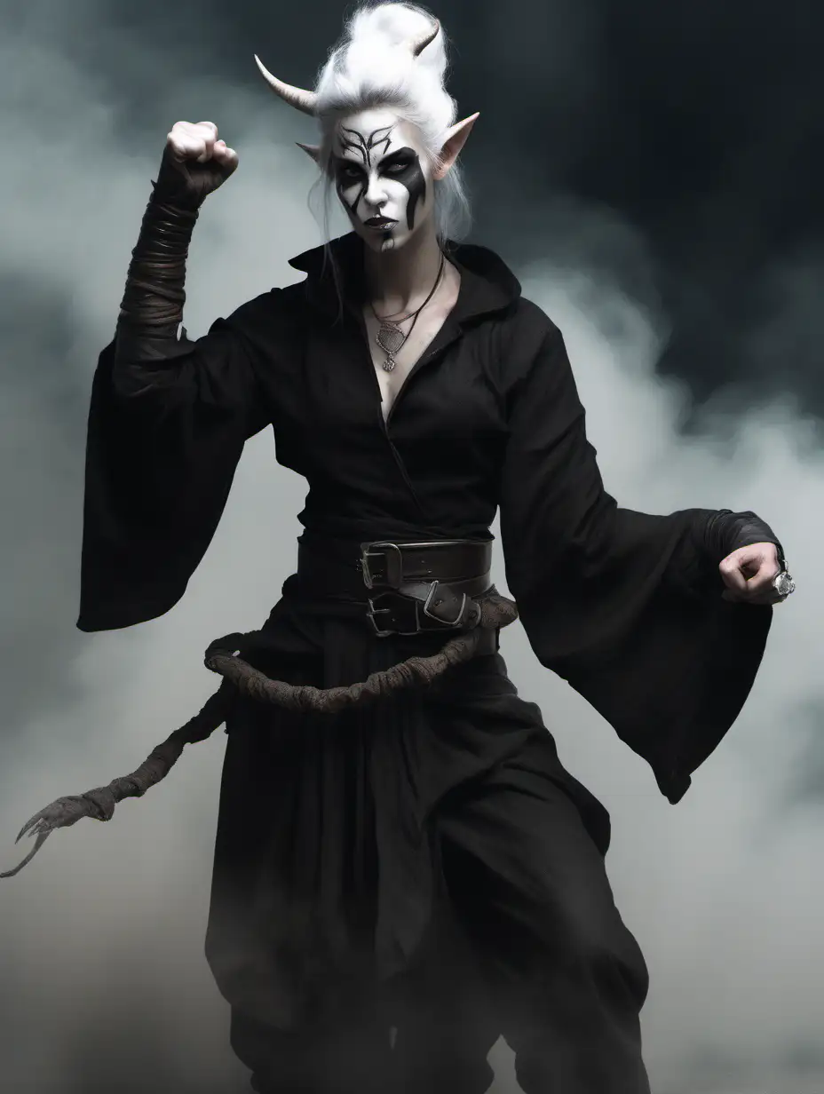 Female Tiefling sorcerer with chalk white skin and black make-up, rough peasant clothes, not sexy, protest fist raised, fight the power, fight the man, style: fantasy