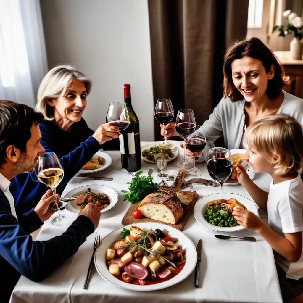法国家庭正在吃法餐，桌上有葡萄酒
