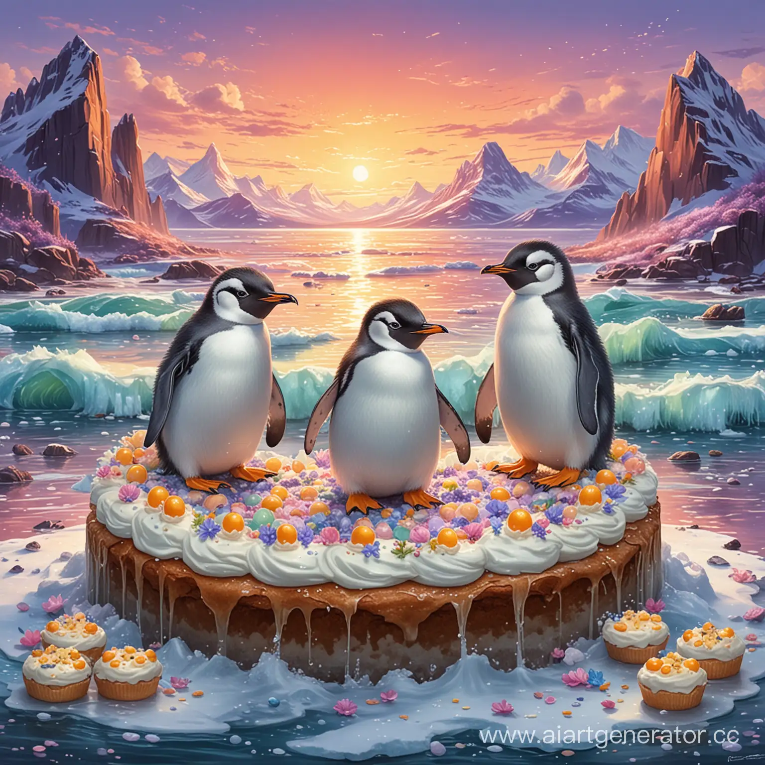 Penguins-Celebrating-Easter-on-Ice-Floe-with-Cake-Eggs