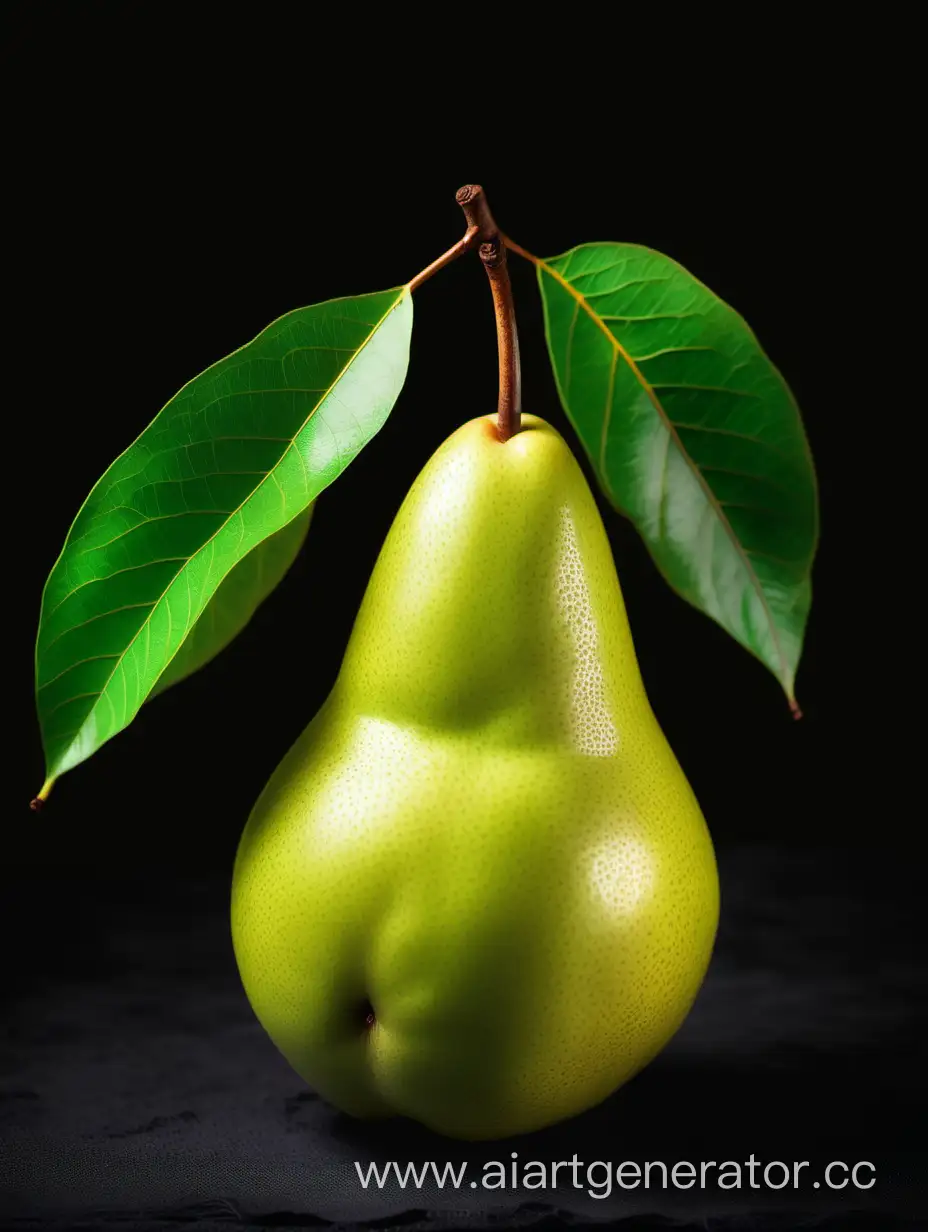 Vibrant-Asian-Green-Pear-with-Leaves-on-Rich-Dark-Yellow-Background